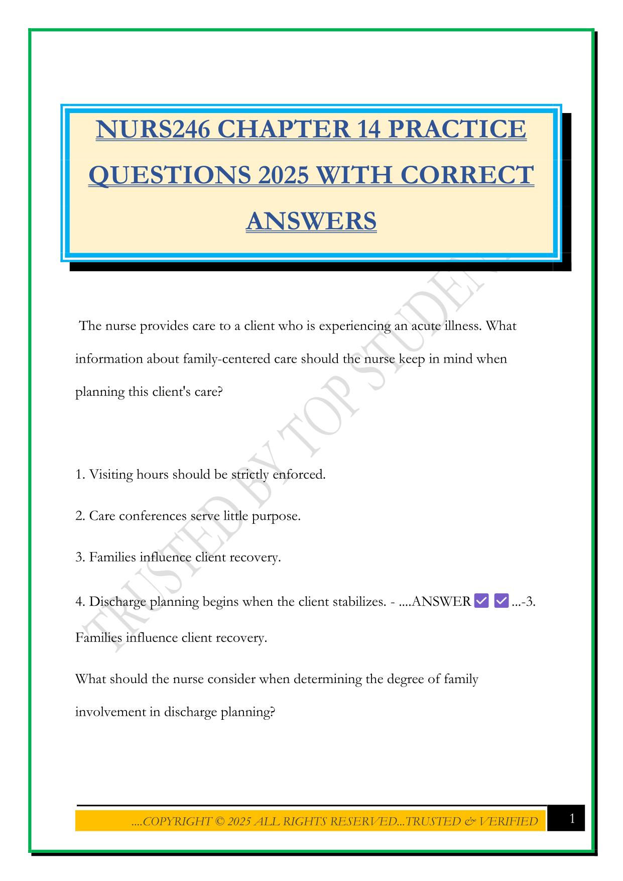 NURS246 CHAPTER 14 PRACTICE QUESTIONS 2025 WITH CORRECT ANSWERS