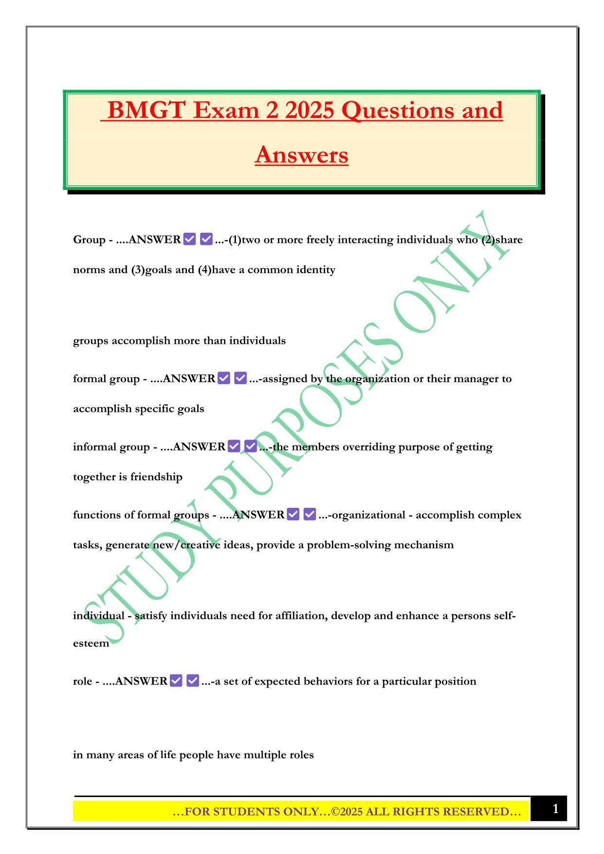 BMGT Exam 2 2025 Questions and Answers