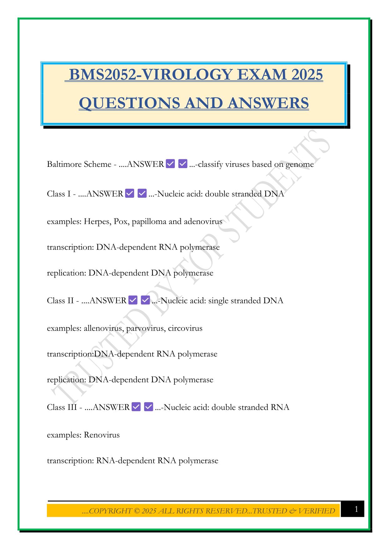BMS2052-VIROLOGY EXAM 2025 QUESTIONS AND ANSWERS