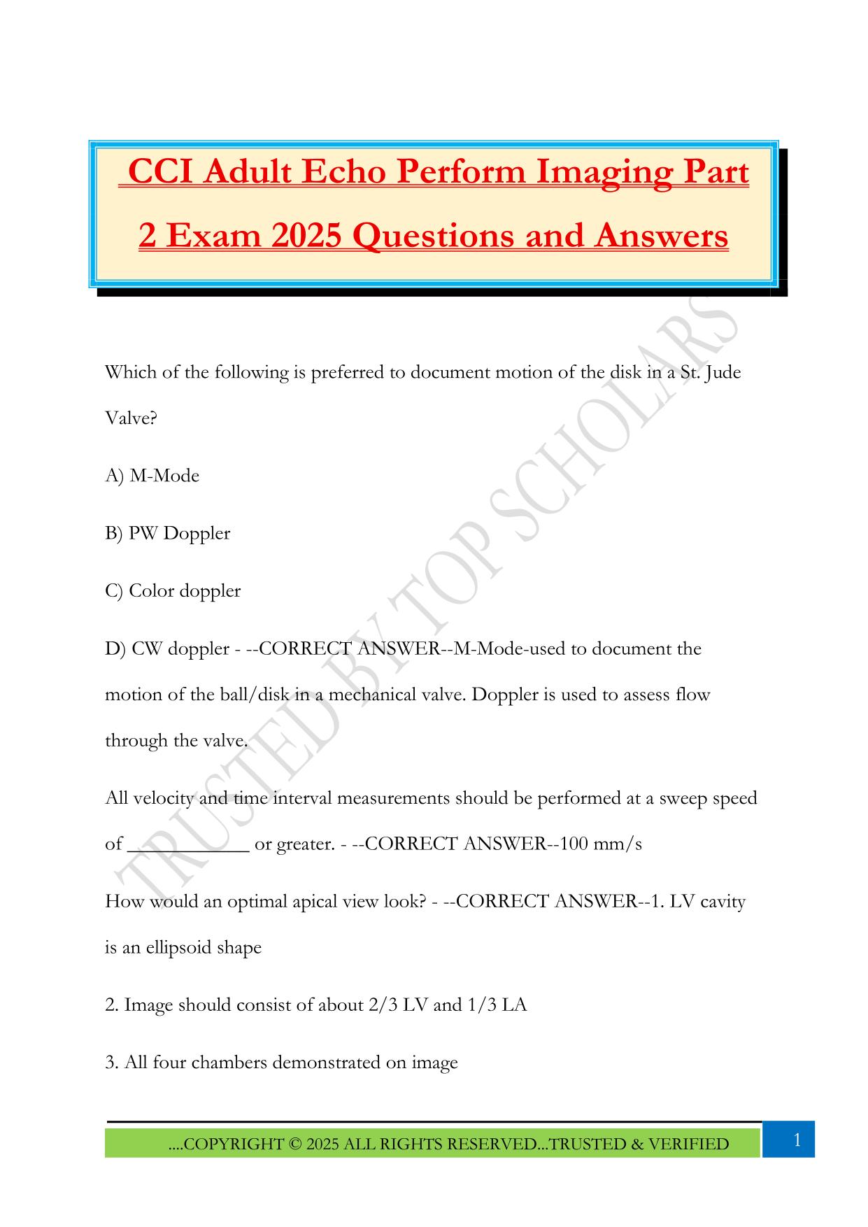 CCI Adult Echo Perform Imaging Part 2 Exam 2025 Questions and Answers