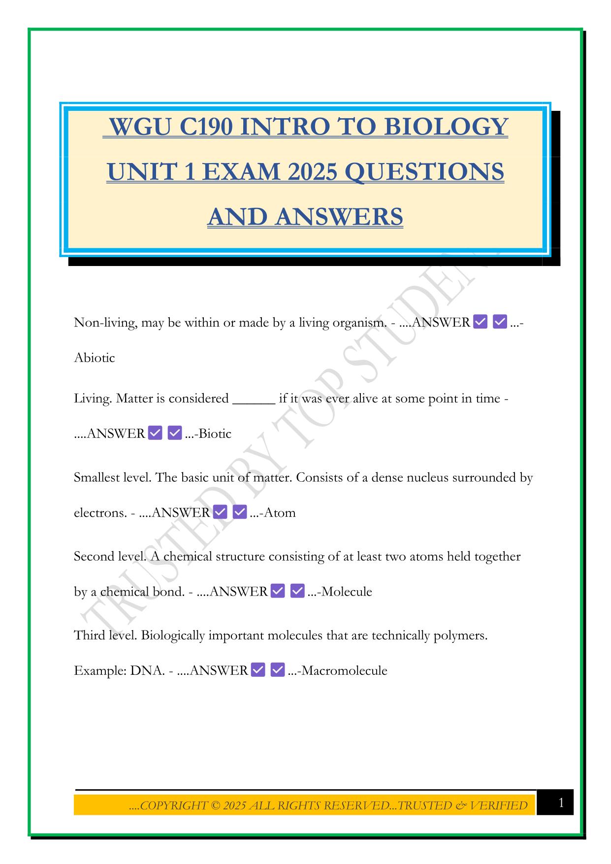 WGU C190 INTRO TO BIOLOGY UNIT 1 EXAM 2025 QUESTIONS AND ANSWERS