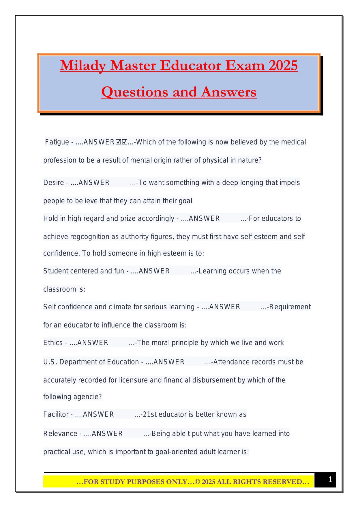 Milady Master Educator Exam 2025 Questions and Answers