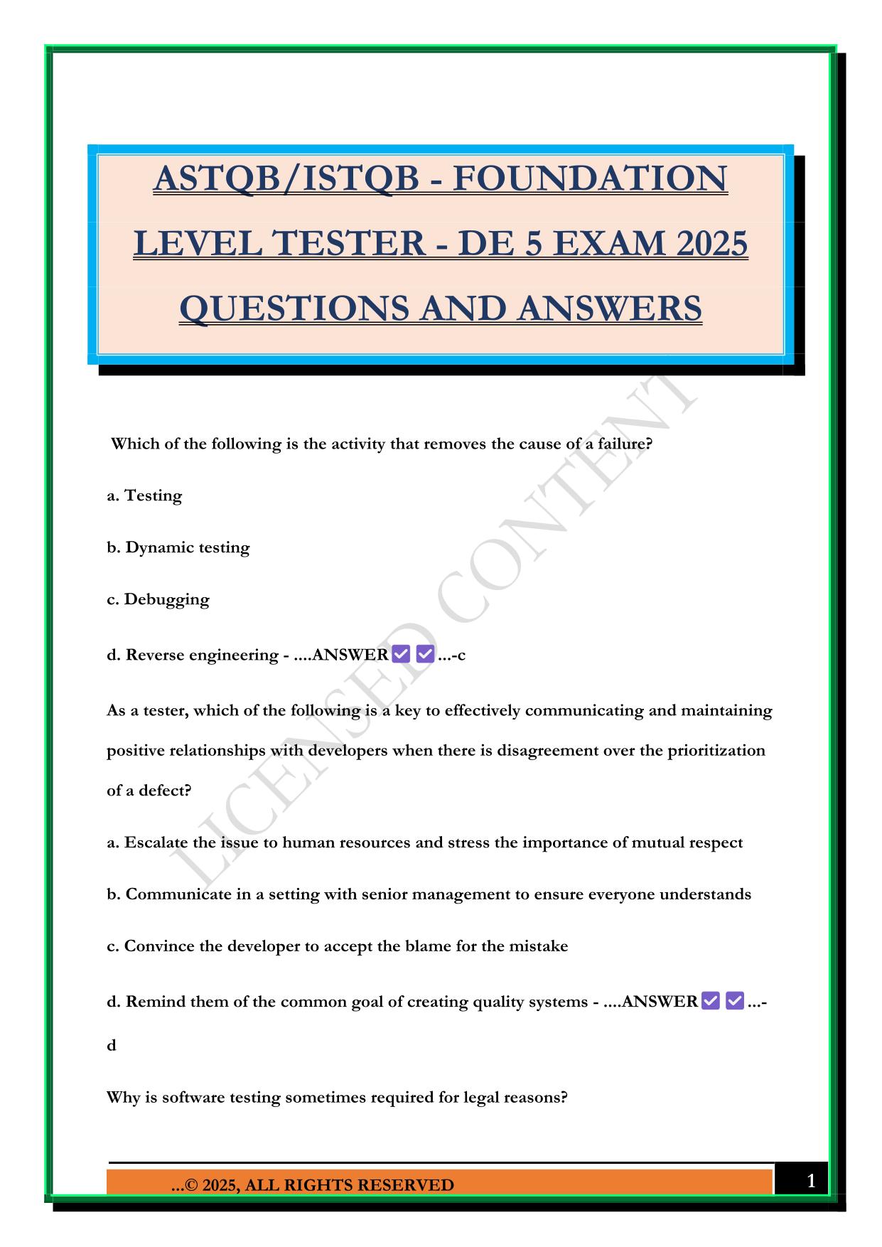 ASTQB/ISTQB - FOUNDATION LEVEL TESTER - DE 5 EXAM 2025 QUESTIONS AND ANSWERS