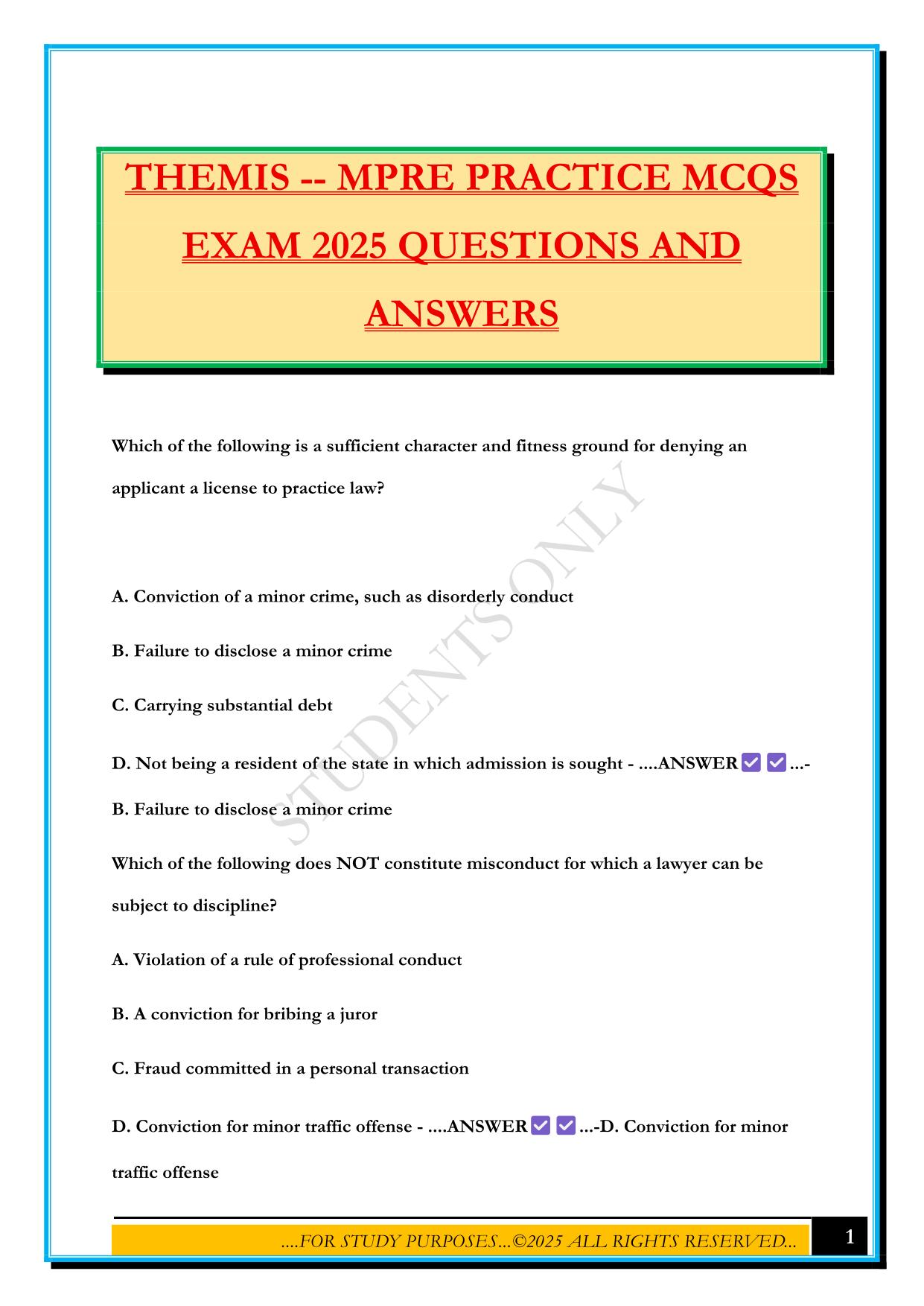 THEMIS -- MPRE PRACTICE MCQS EXAM 2025 QUESTIONS AND ANSWERS
