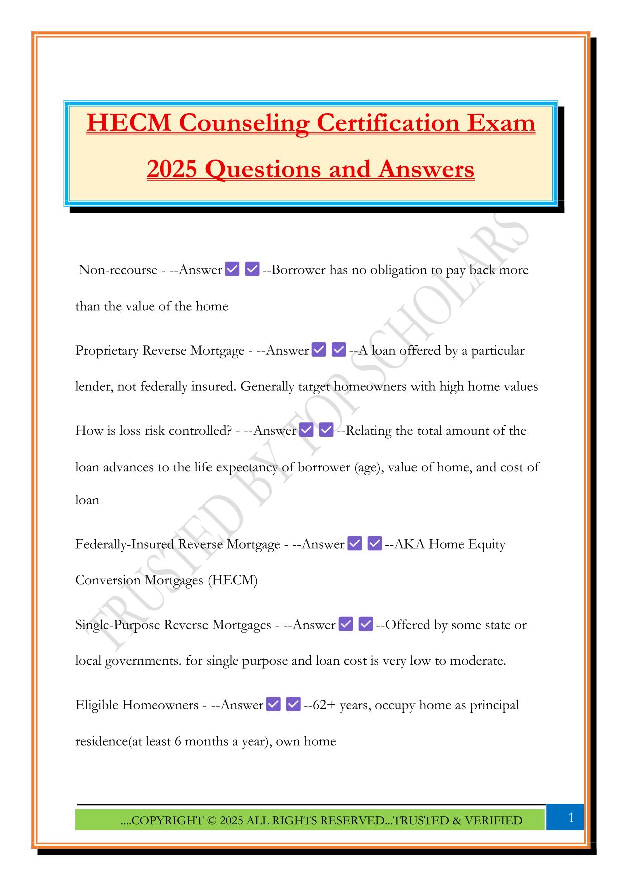 HECM Counseling Certification Exam 2025 Questions and Answers