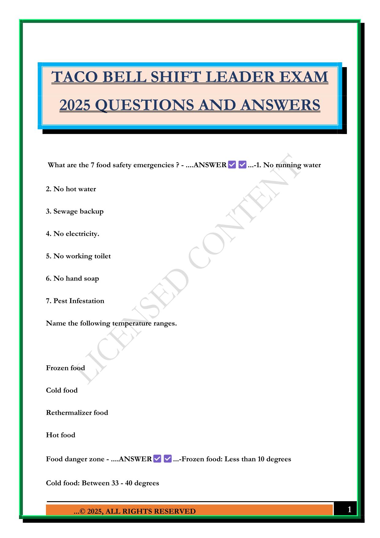 TACO BELL SHIFT LEADER EXAM 2025 QUESTIONS AND ANSWERS