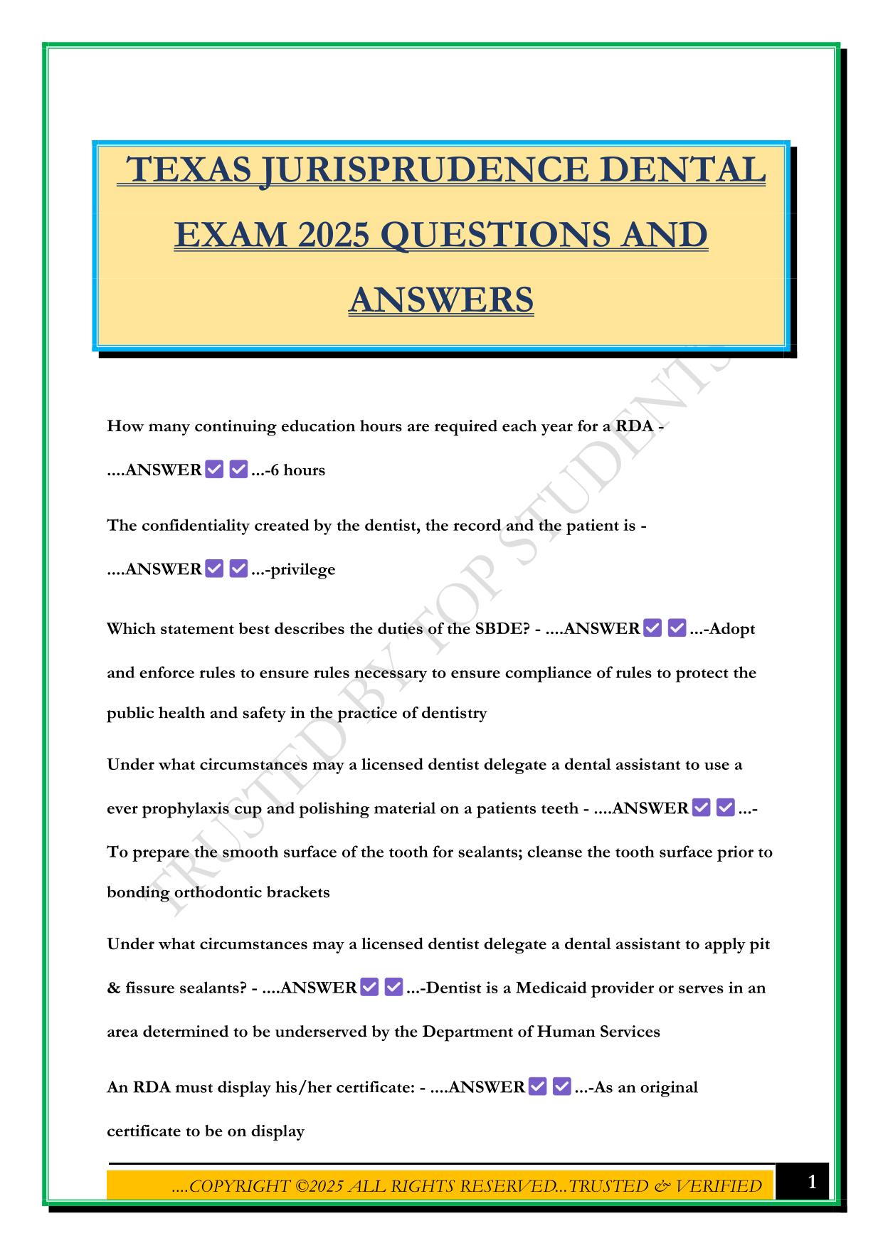 TEXAS JURISPRUDENCE DENTAL EXAM 2025 QUESTIONS AND ANSWERS