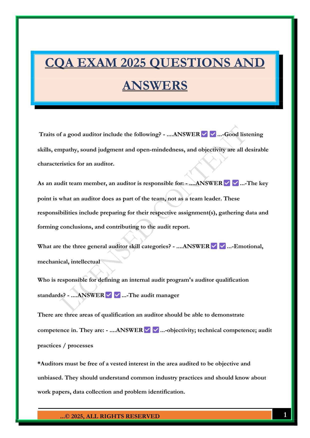 CQA EXAM 2025 QUESTIONS AND ANSWERS