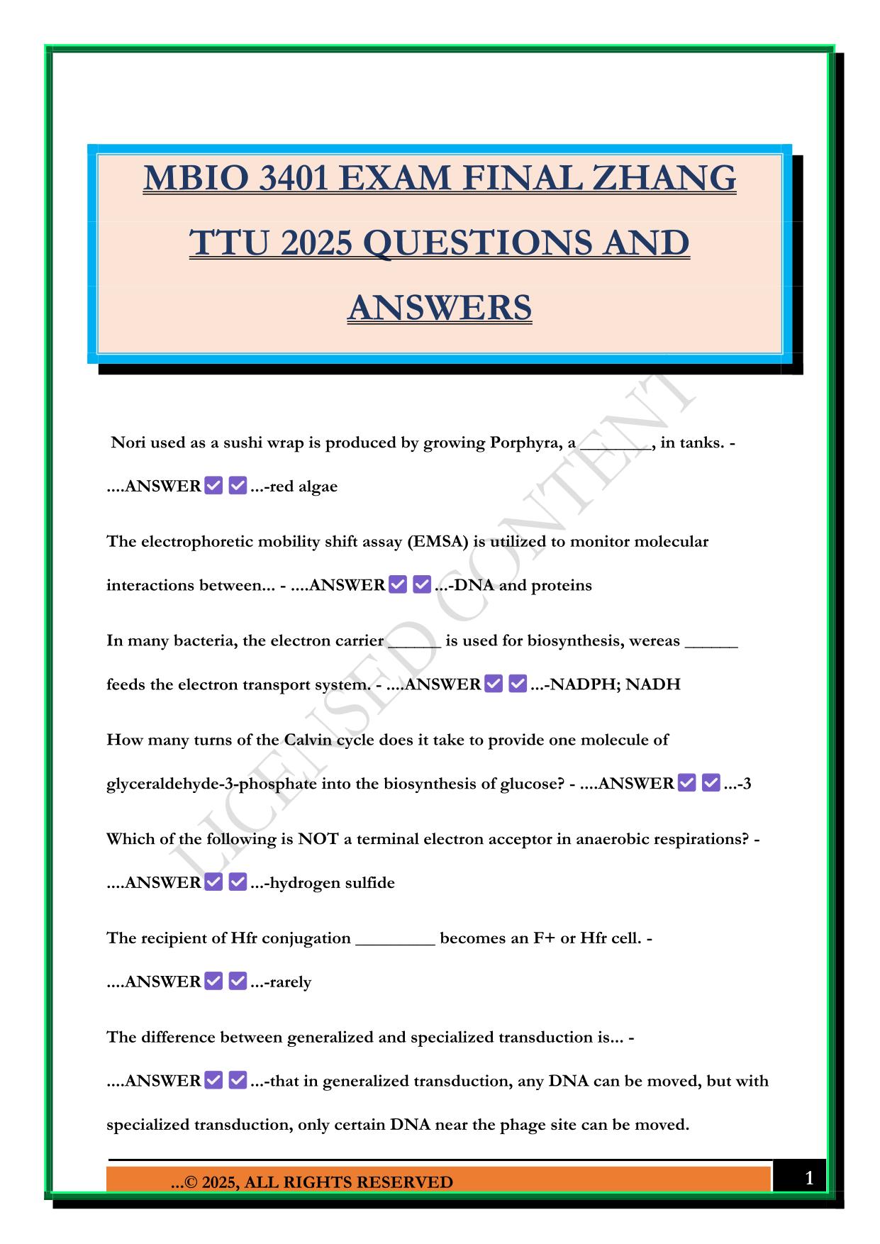 MBIO 3401 EXAM FINAL ZHANG TTU 2025 QUESTIONS AND ANSWERS