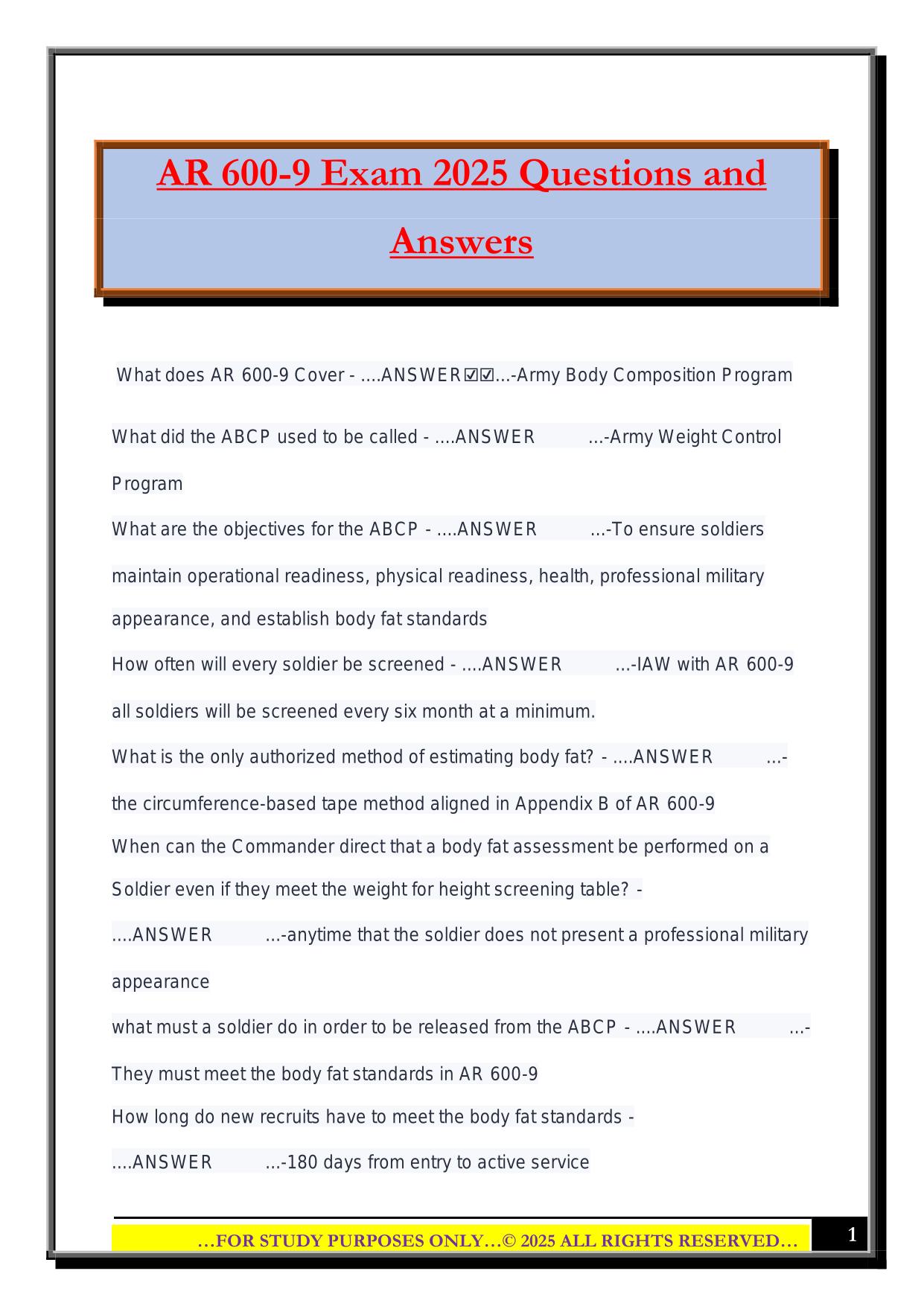 AR 600-9 Exam 2025 Questions and Answers