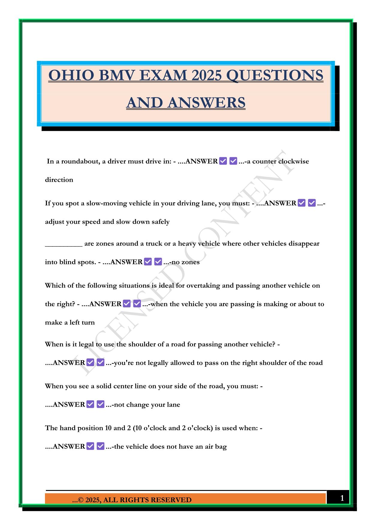 OHIO BMV EXAM 2025 QUESTIONS AND ANSWERS