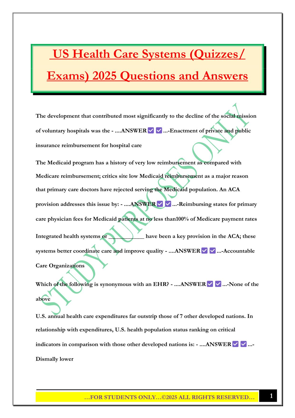 US Health Care Systems (Quizzes/ Exams) 2025 Questions and Answers