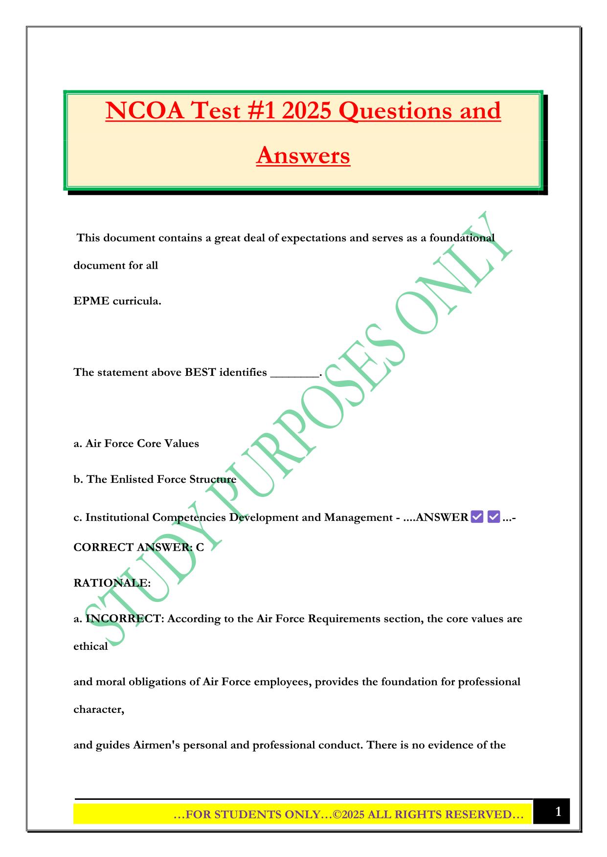 NCOA Test #1 2025 Questions and Answers