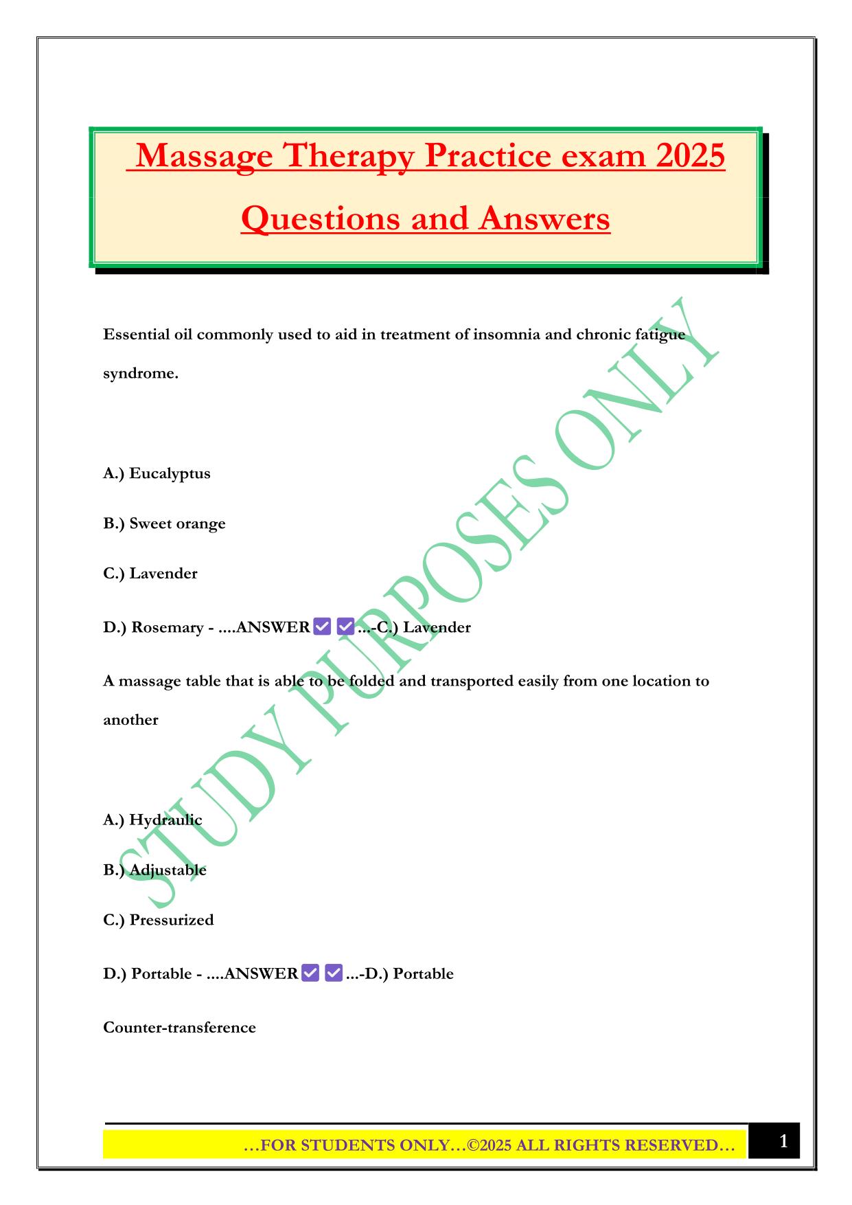 Massage Therapy Practice exam 2025 Questions and Answers