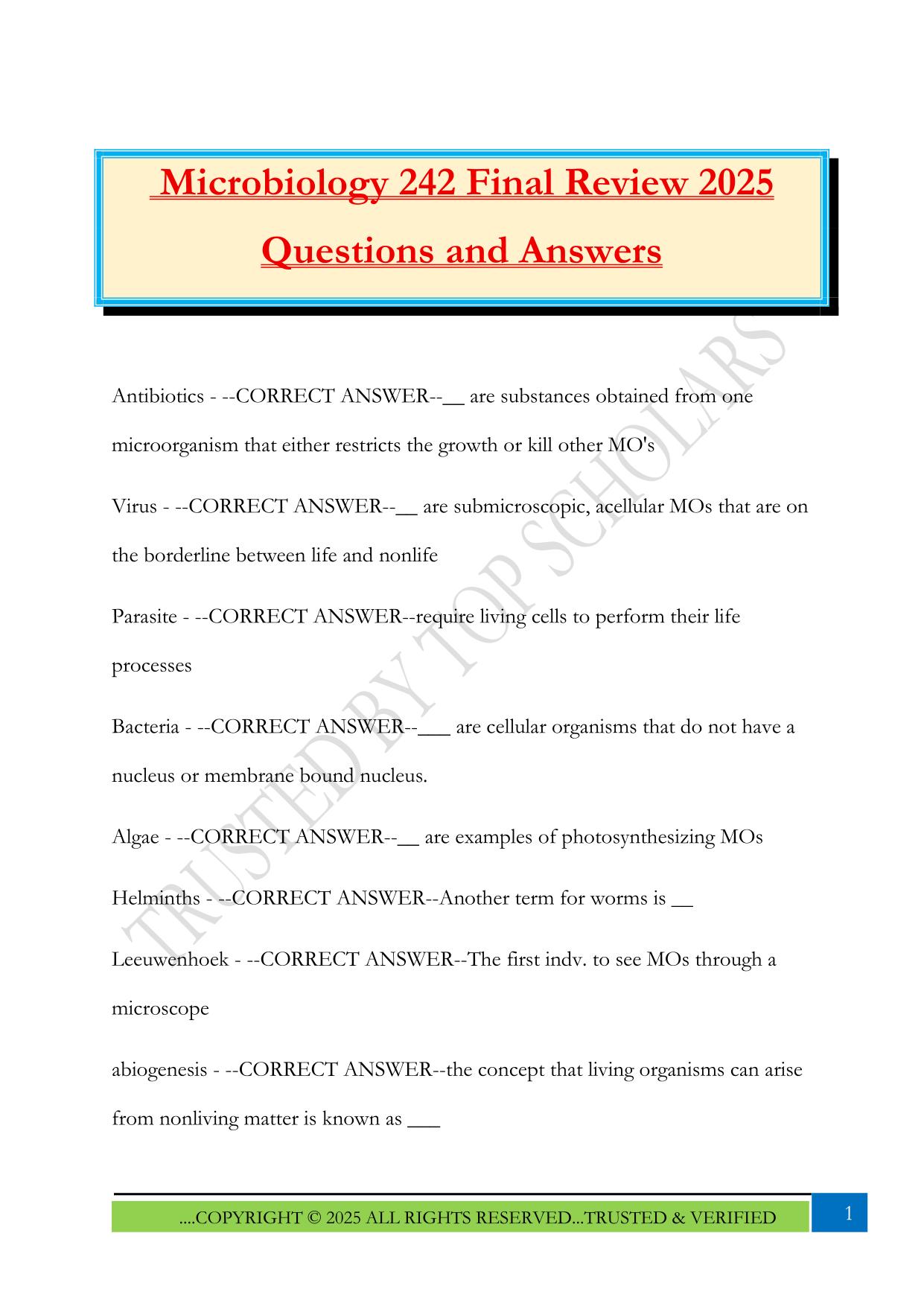 Microbiology 242 Final Review 2025 Questions and Answers