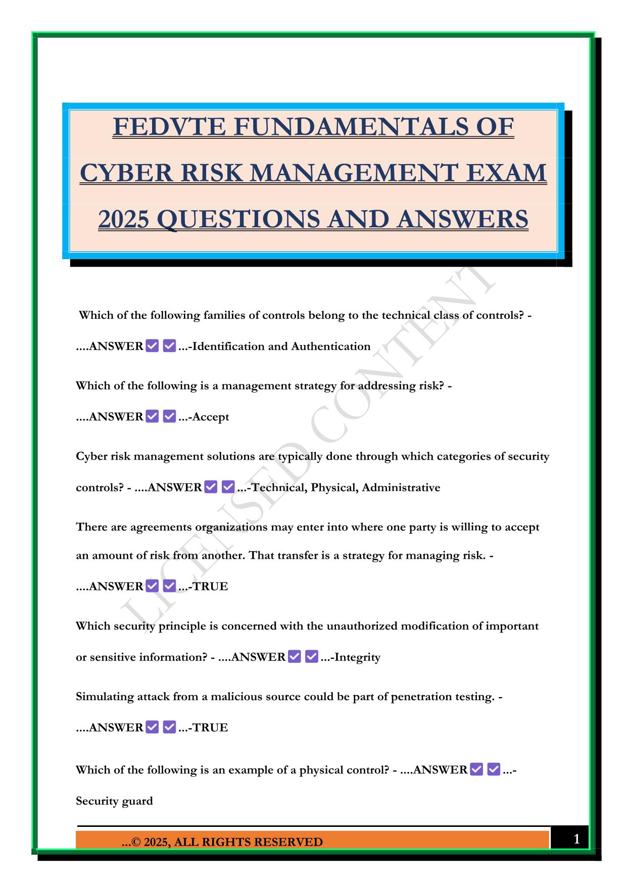 FEDVTE FUNDAMENTALS OF CYBER RISK MANAGEMENT EXAM 2025 QUESTIONS AND ANSWERS