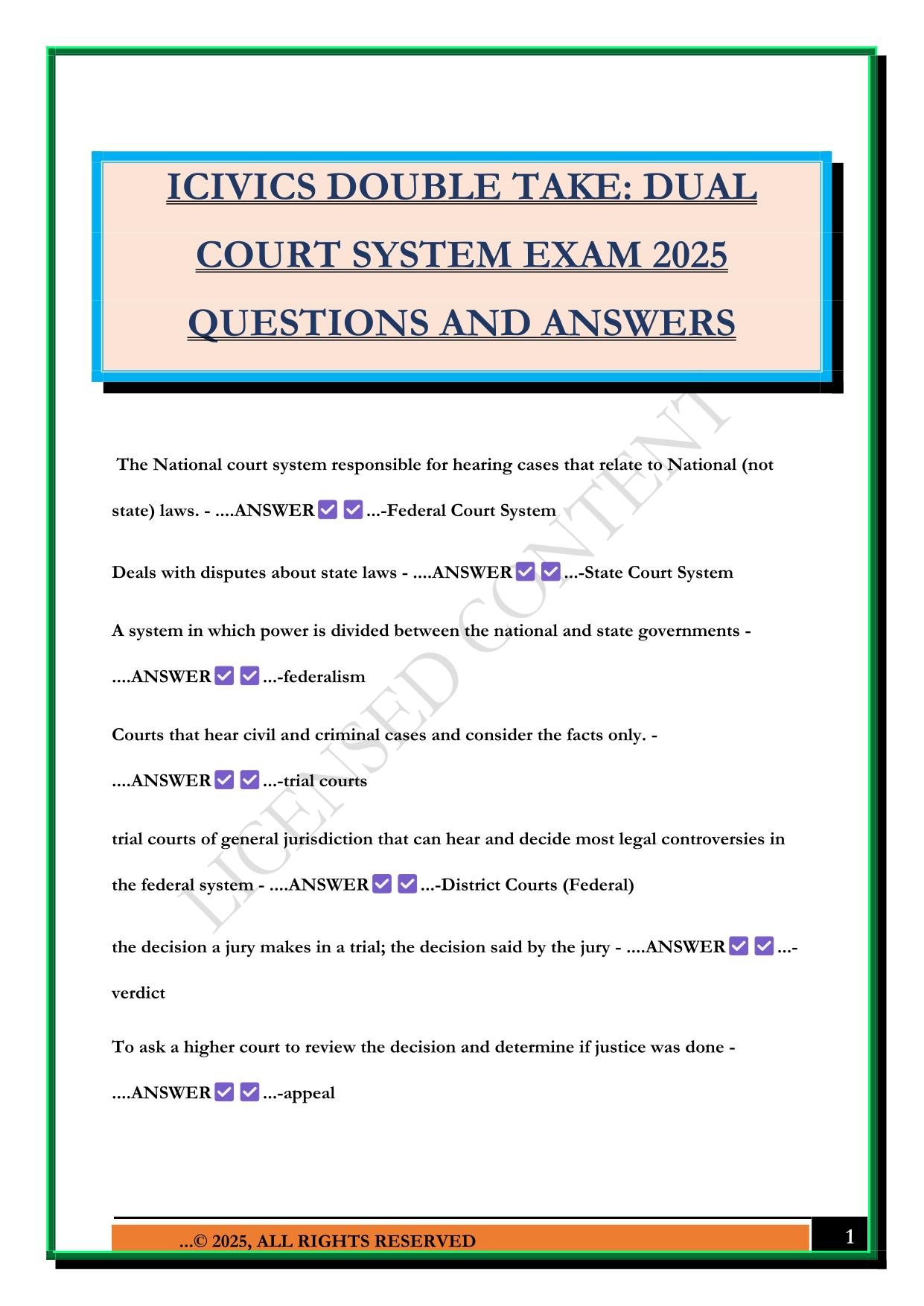 ICIVICS DOUBLE TAKE: DUAL COURT SYSTEM EXAM 2025 QUESTIONS AND ANSWERS
