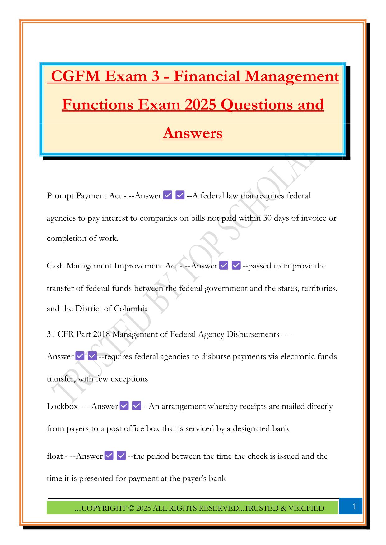 CGFM Exam 3 - Financial Management Functions Exam 2025 Questions and Answers