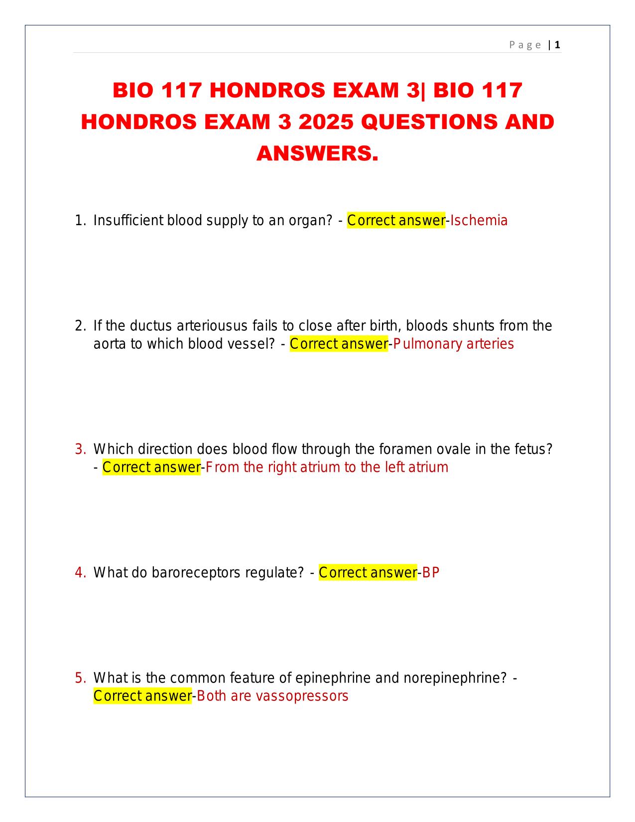 BIO 117 HONDROS EXAM 3| BIO 117 HONDROS EXAM 3 2025 QUESTIONS AND ANSWERS.