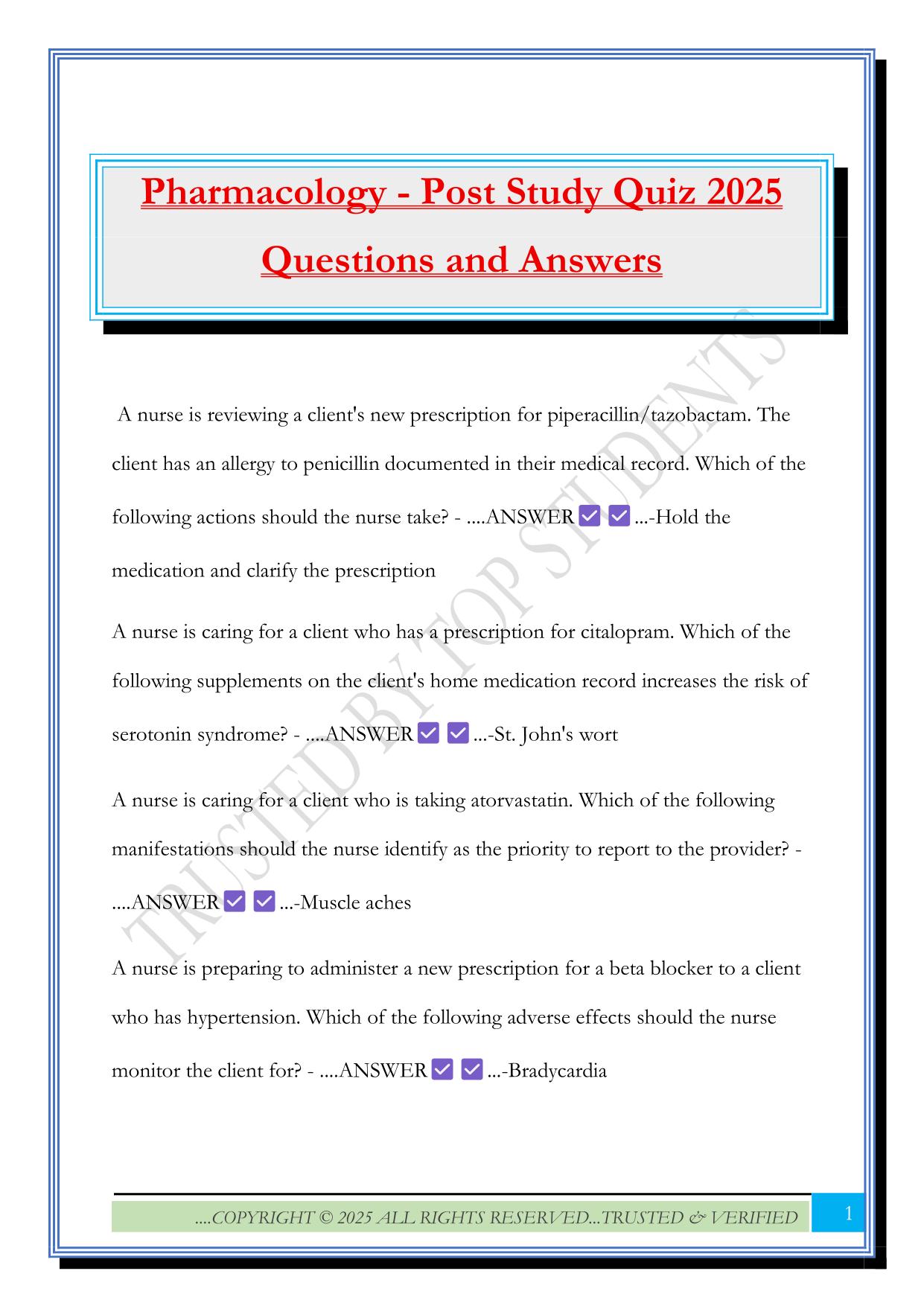Pharmacology - Post Study Quiz 2025 Questions and Answers