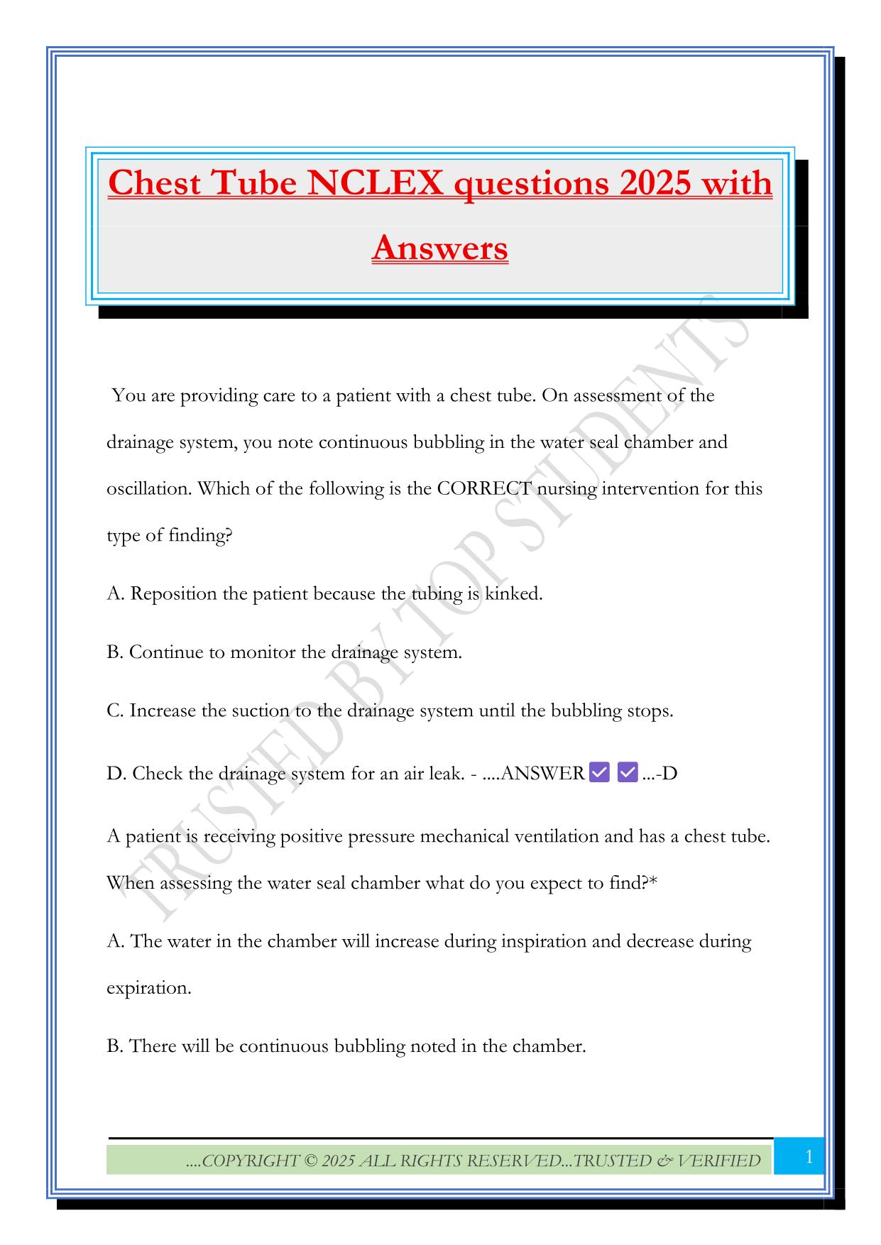 Chest Tube NCLEX questions 2025 with Answers