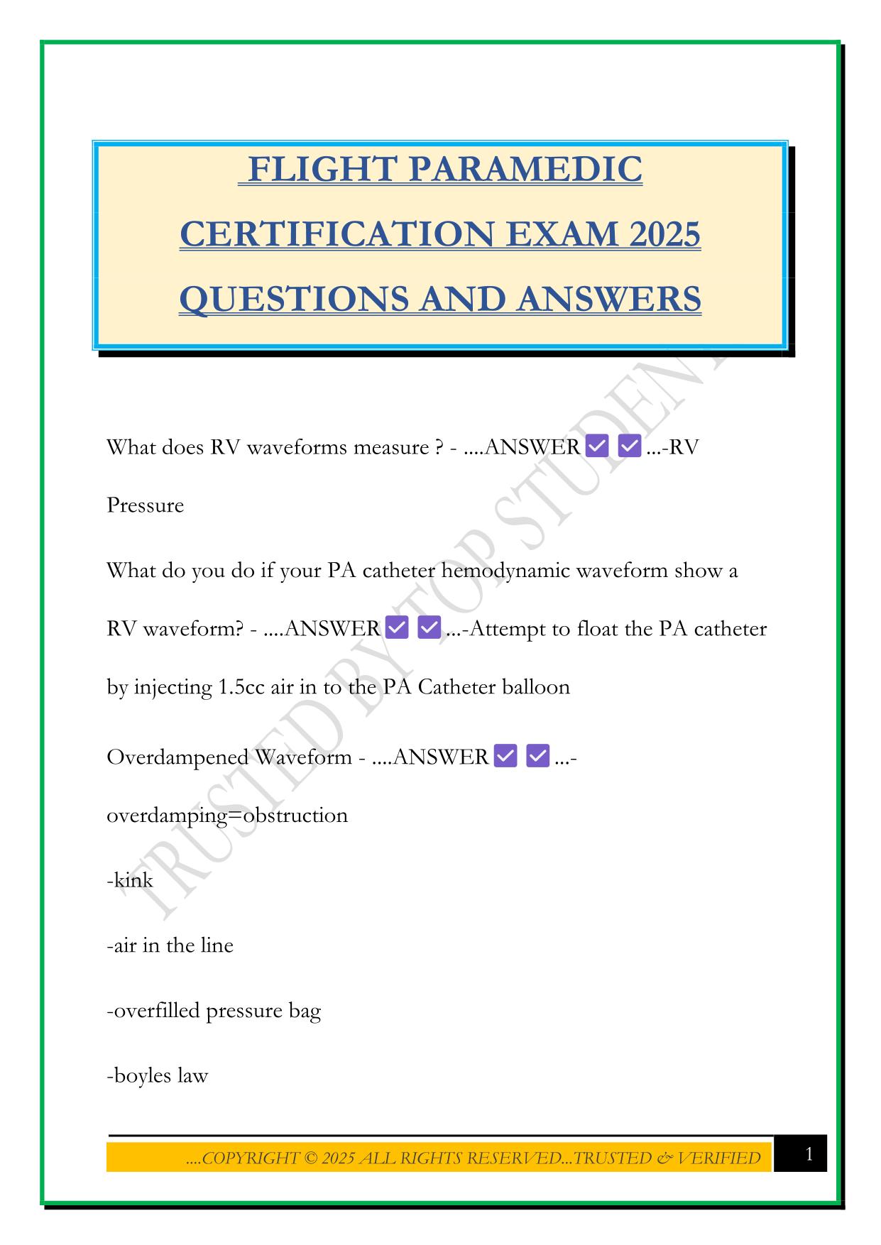 FLIGHT PARAMEDIC CERTIFICATION EXAM 2025 QUESTIONS AND ANSWERS