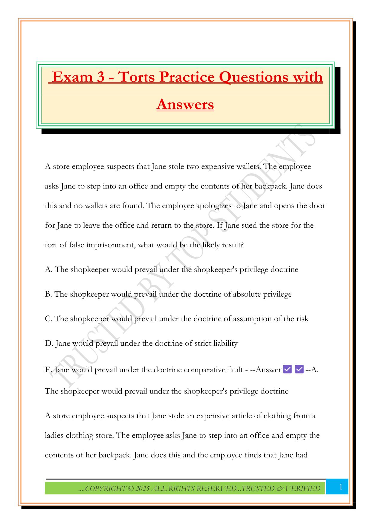 Exam 3 - Torts Practice Questions with Answers