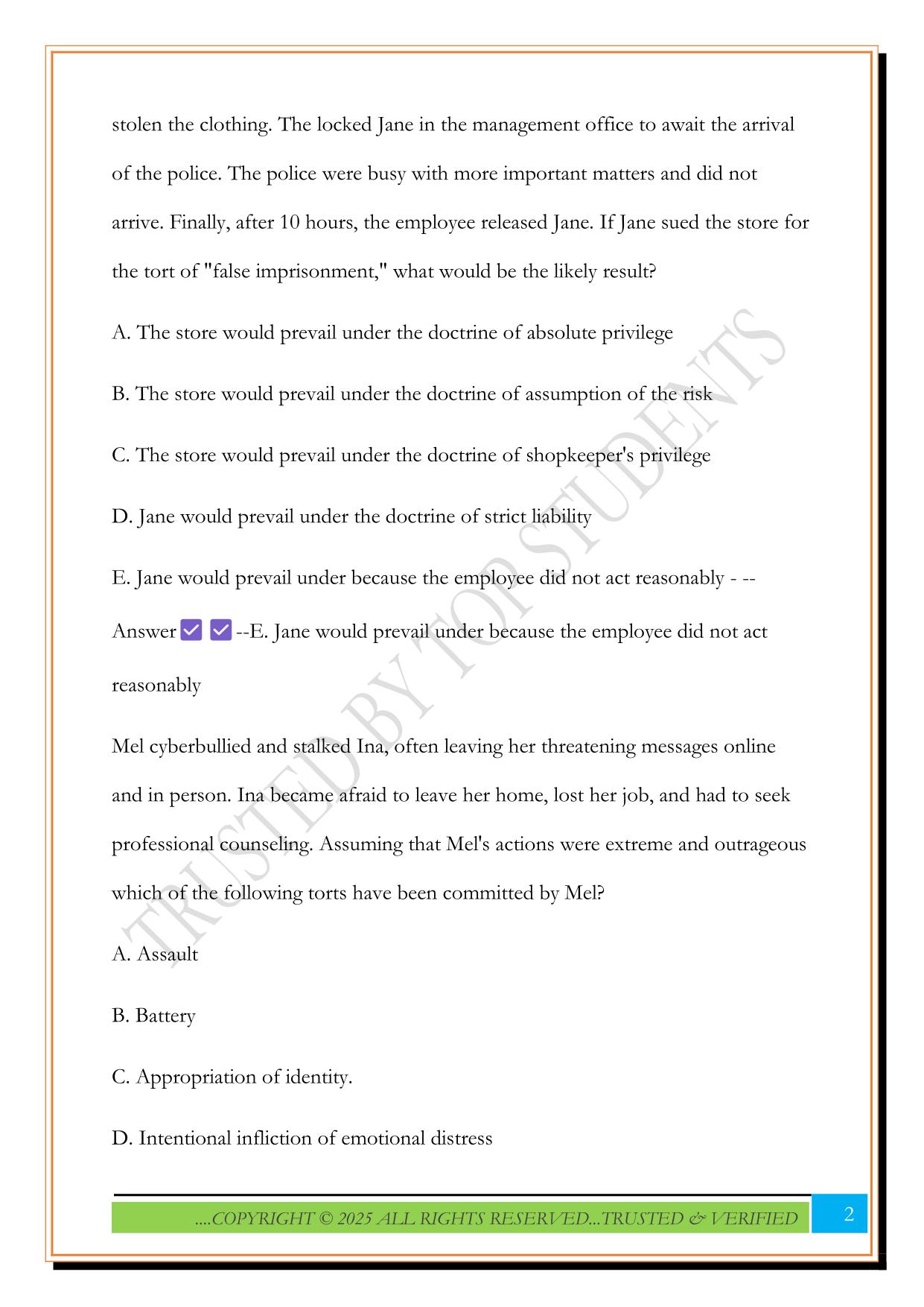 Exam 3 - Torts Practice Questions with Answers