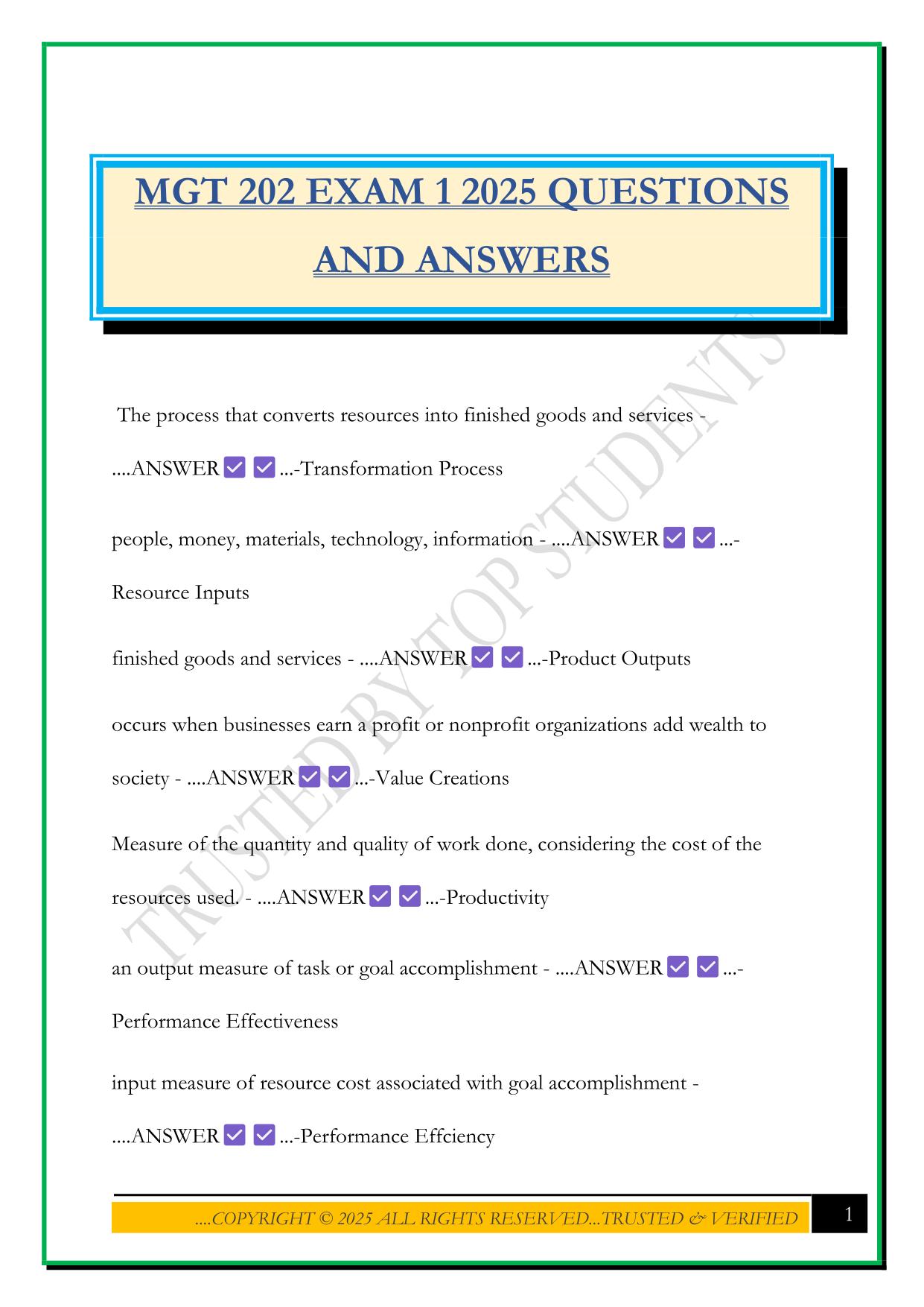 MGT 202 EXAM 1 2025 QUESTIONS AND ANSWERS