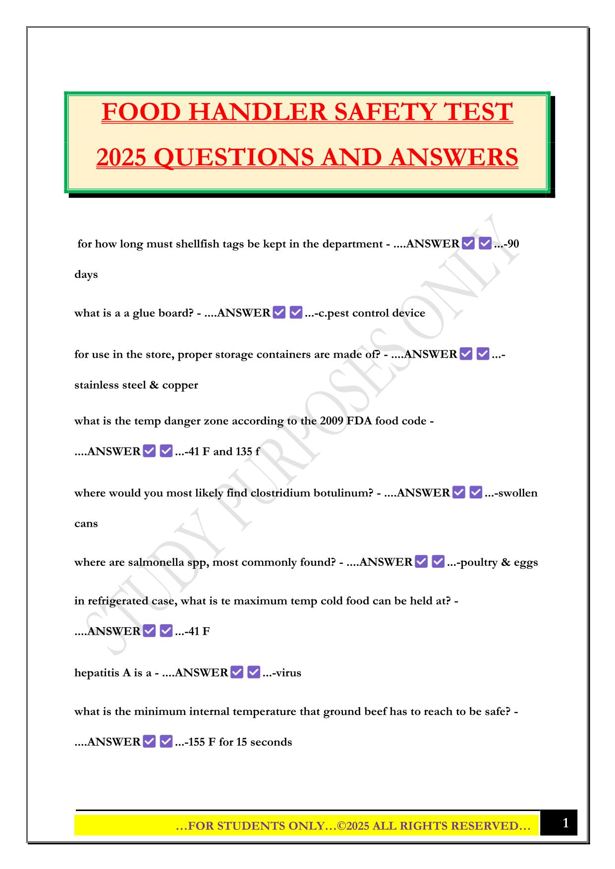 FOOD HANDLER SAFETY TEST 2025 QUESTIONS AND ANSWERS