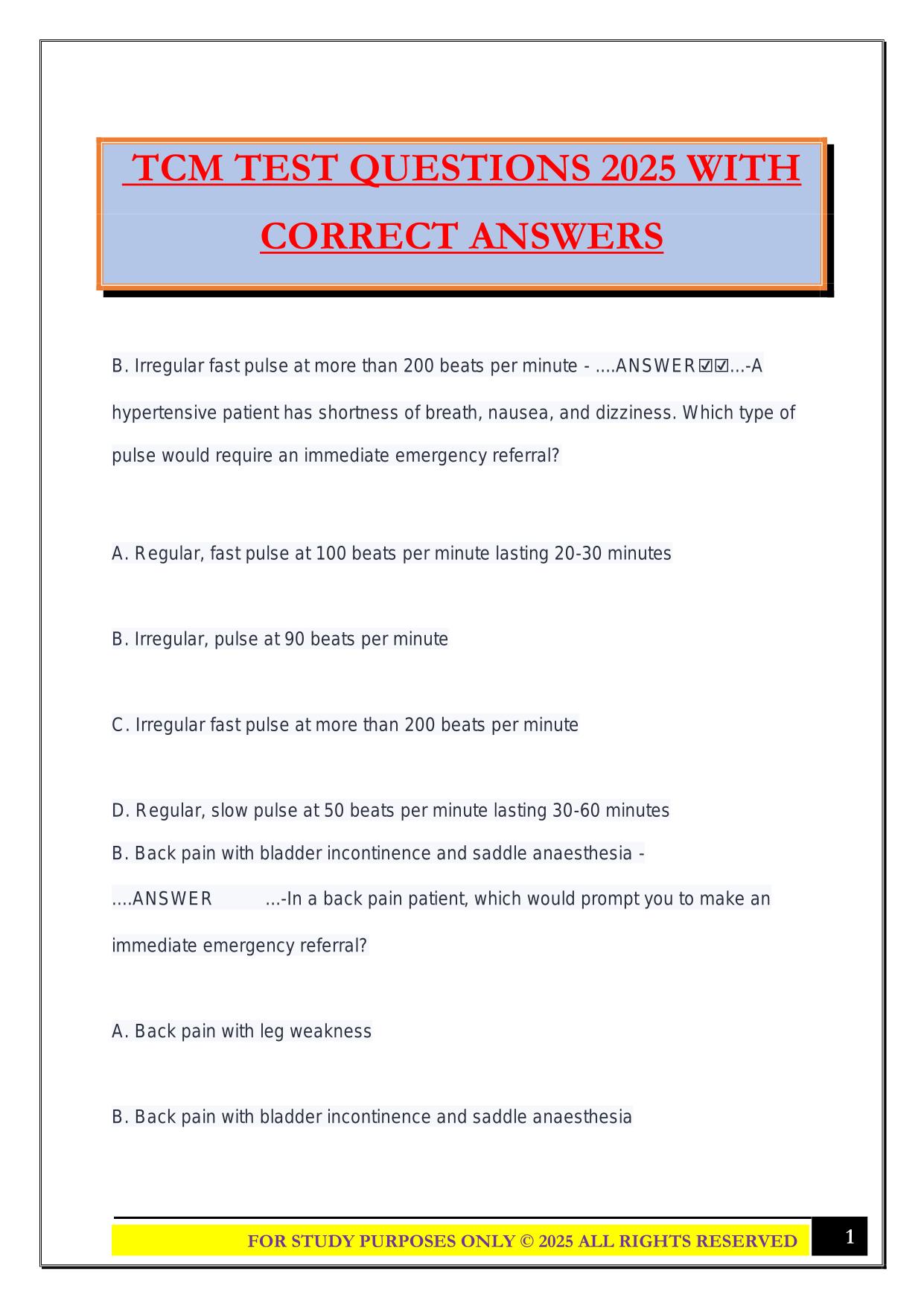 TCM TEST QUESTIONS 2025 WITH CORRECT ANSWERS