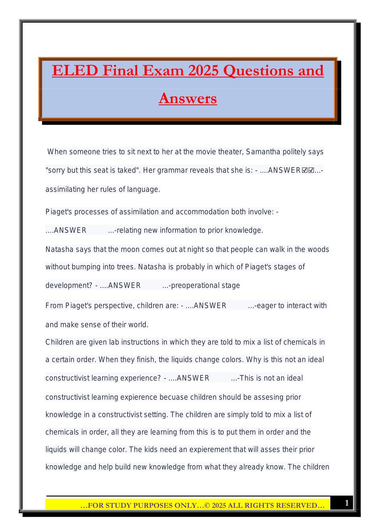ELED Final Exam 2025 Questions and Answers