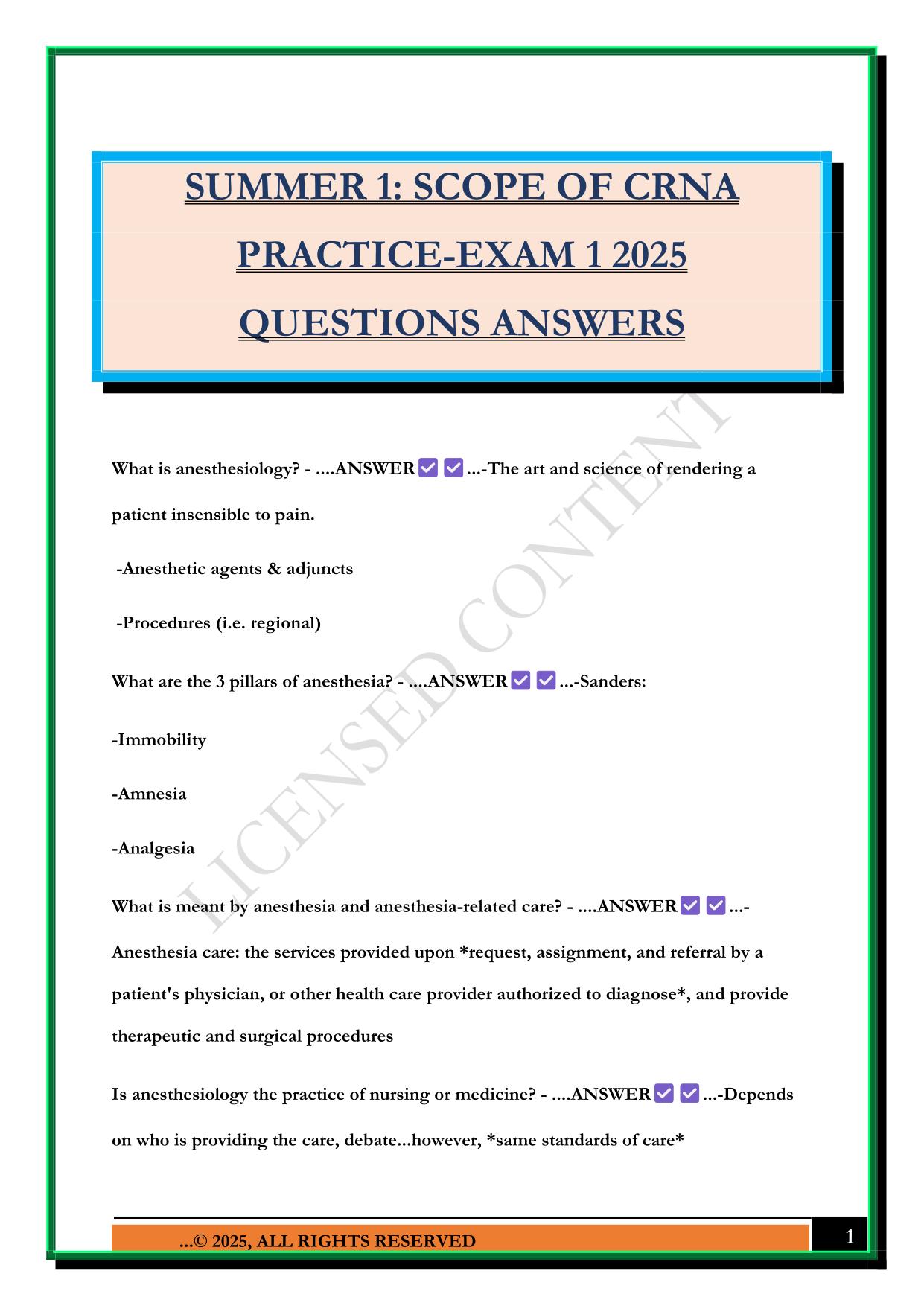 SUMMER 1: SCOPE OF CRNA PRACTICE-EXAM 1 2025 QUESTIONS ANSWERS
