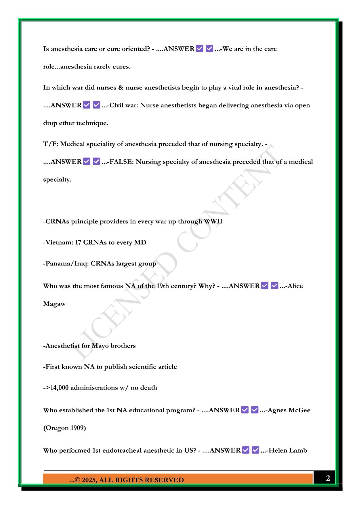 SUMMER 1: SCOPE OF CRNA PRACTICE-EXAM 1 2025 QUESTIONS ANSWERS