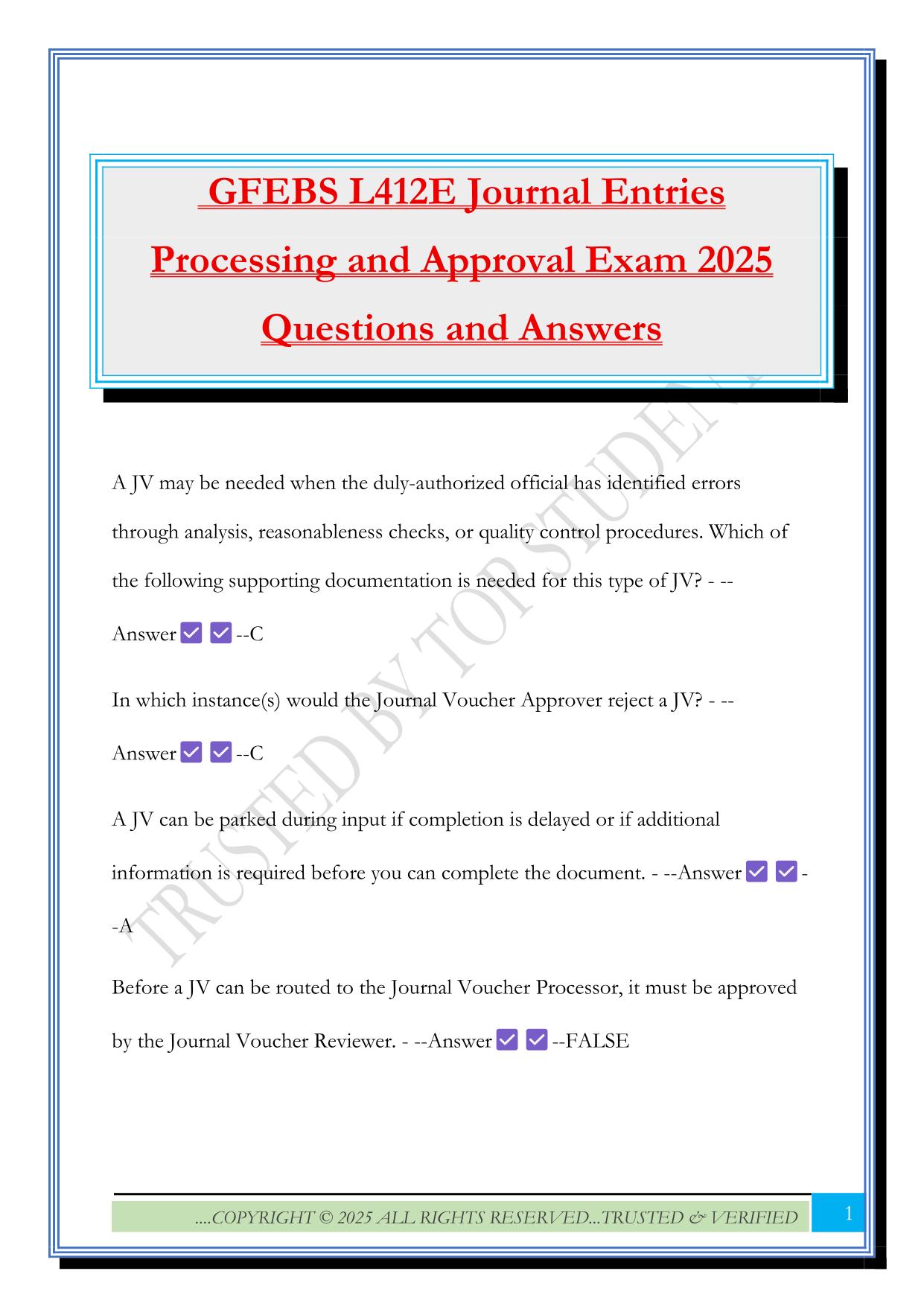 GFEBS L412E Journal Entries Processing and Approval Exam 2025 Questions and Answers