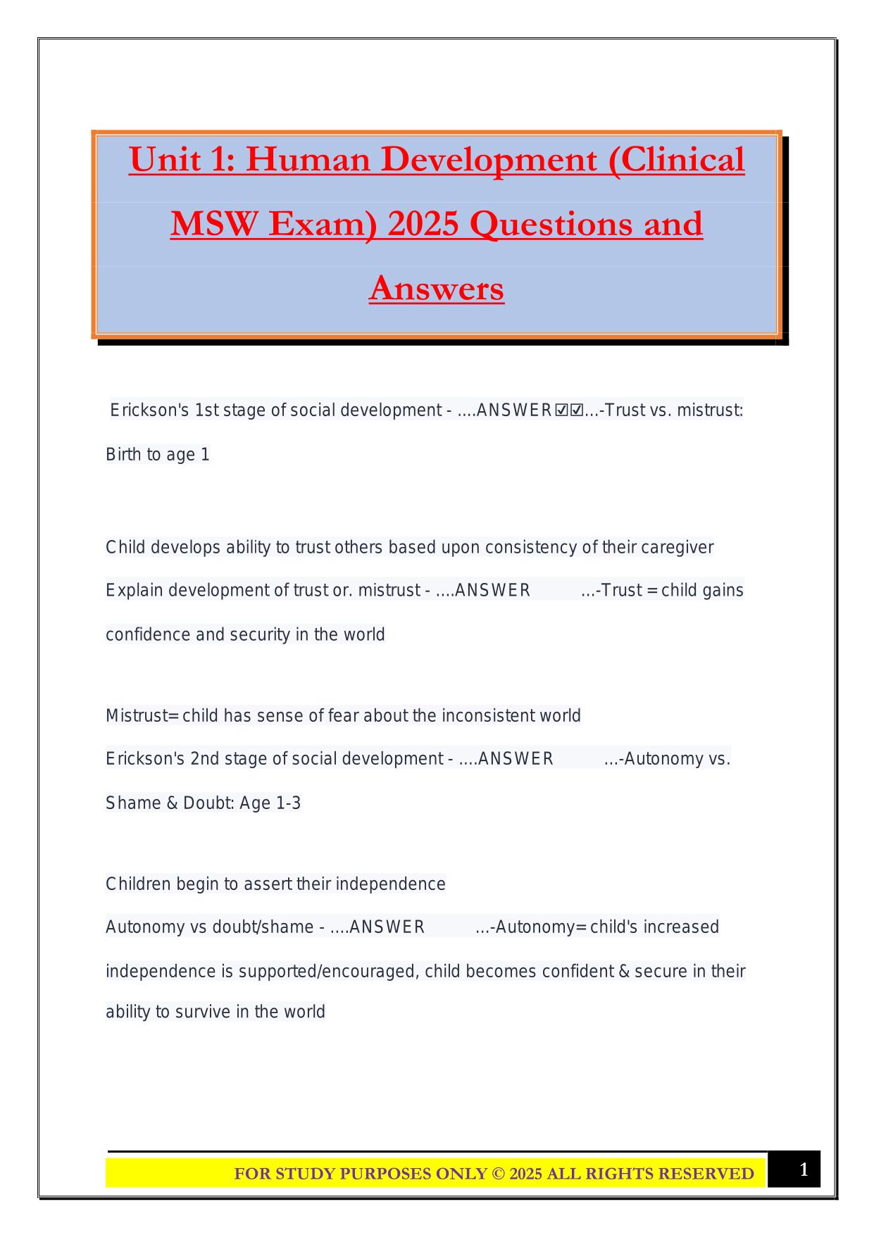 Unit 1: Human Development (Clinical MSW Exam) 2025 Questions and Answers