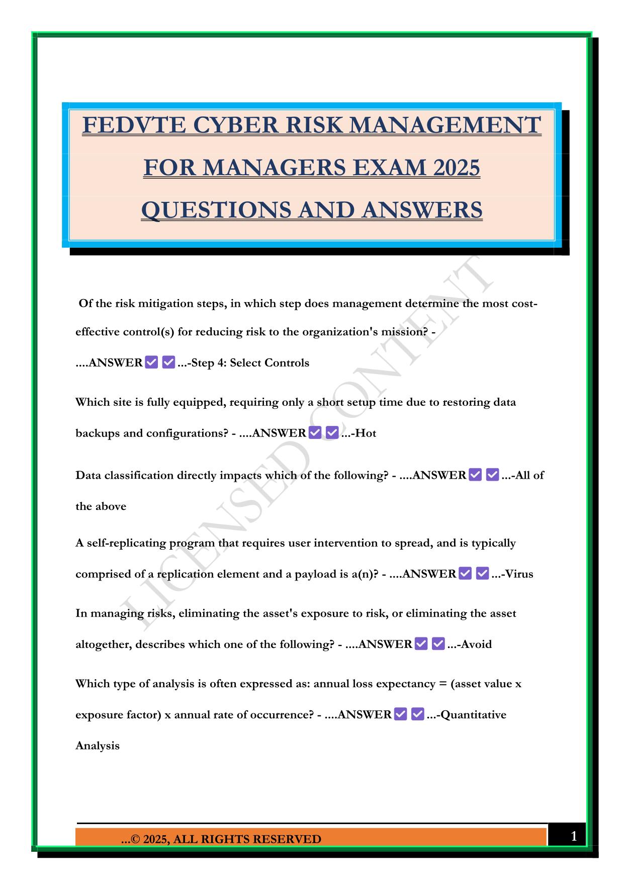 FEDVTE CYBER RISK MANAGEMENT FOR MANAGERS EXAM 2025 QUESTIONS AND ANSWERS