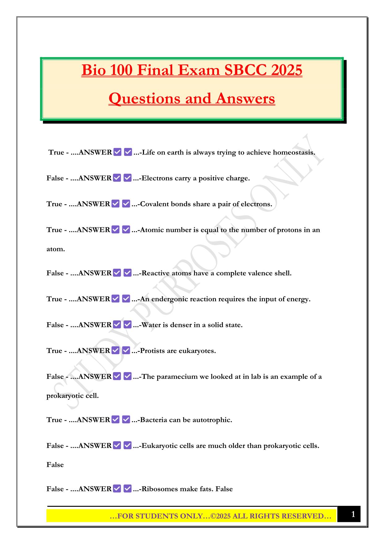 Bio 100 Final Exam SBCC 2025 Questions and Answers