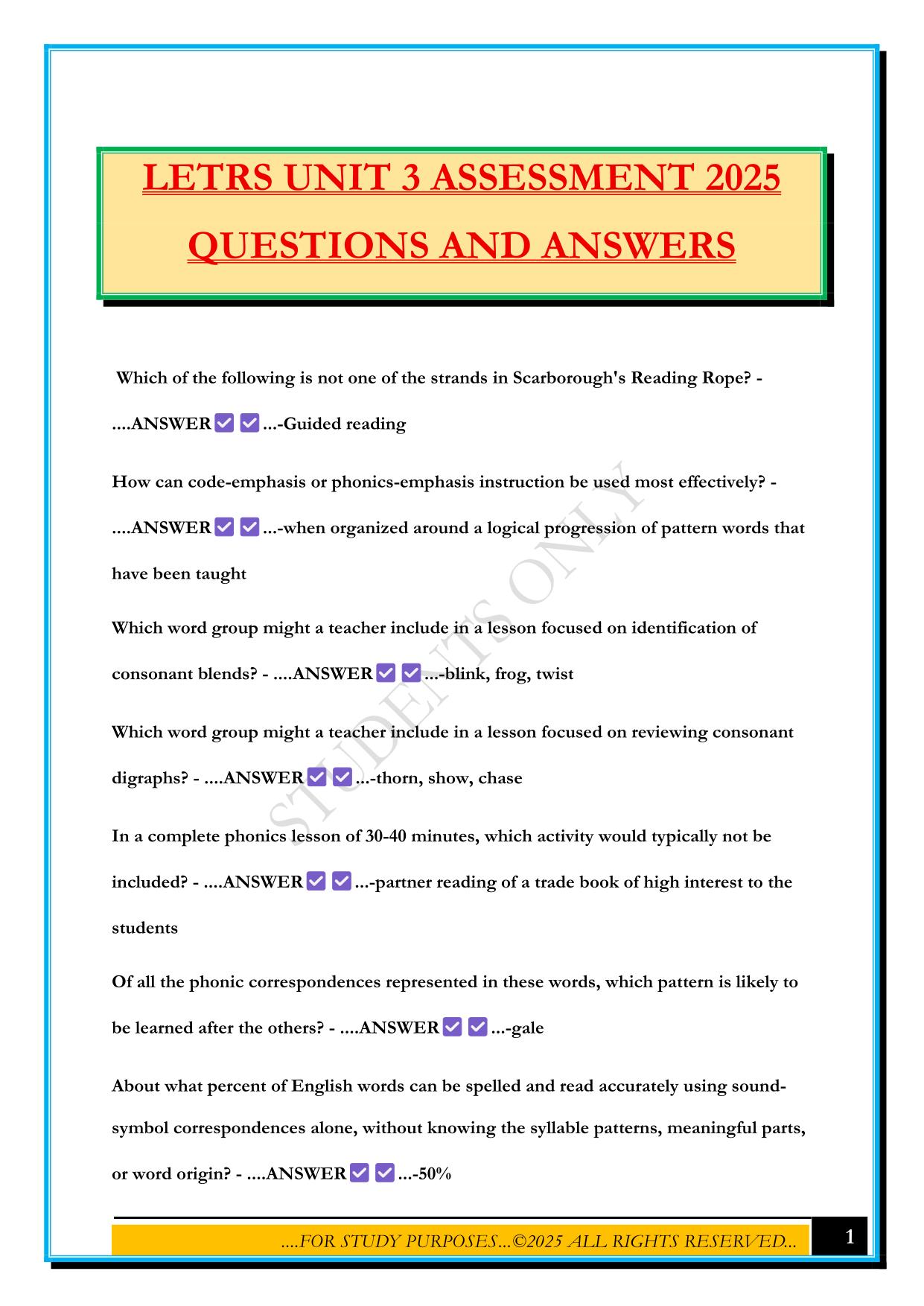 LETRS UNIT 3 ASSESSMENT 2025 QUESTIONS AND ANSWERS