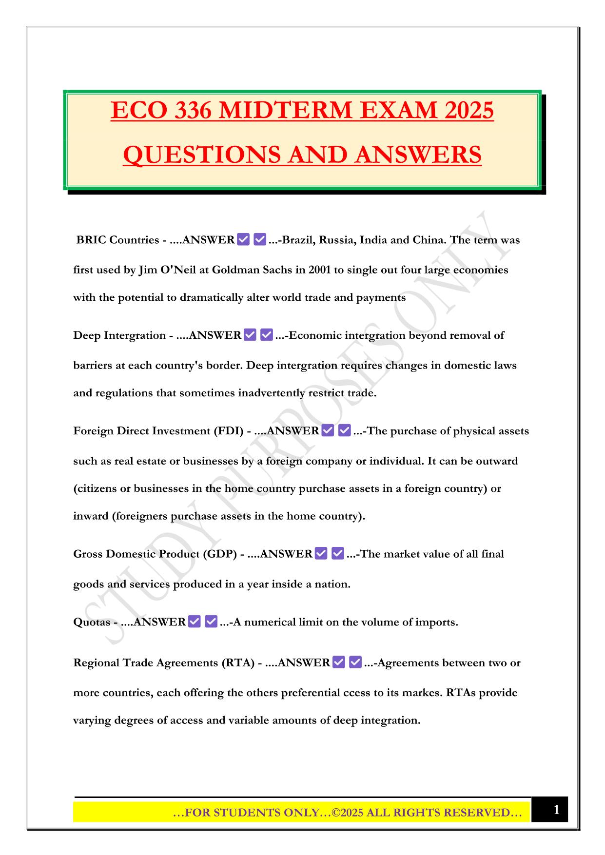 ECO 336 MIDTERM EXAM 2025 QUESTIONS AND ANSWERS