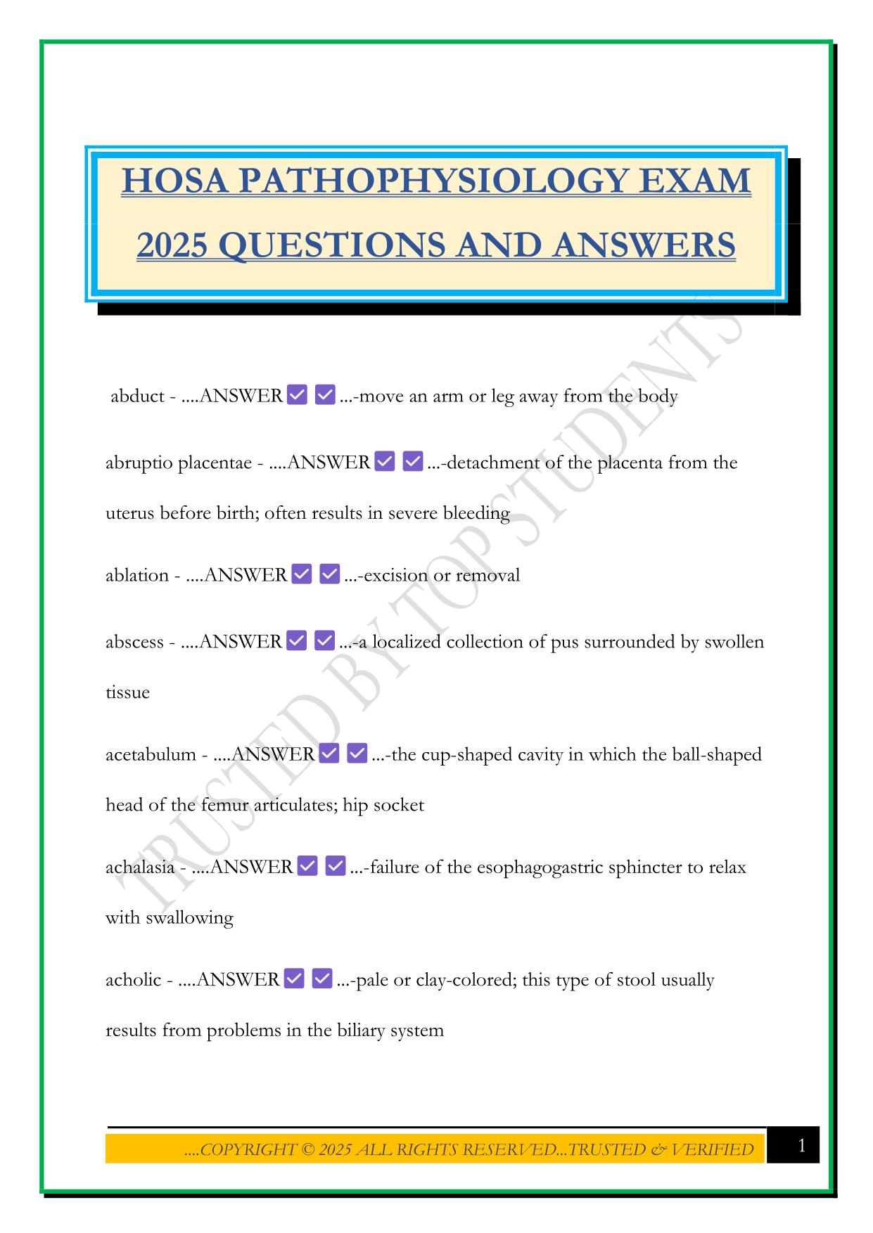 HOSA PATHOPHYSIOLOGY EXAM 2025 QUESTIONS AND ANSWERS