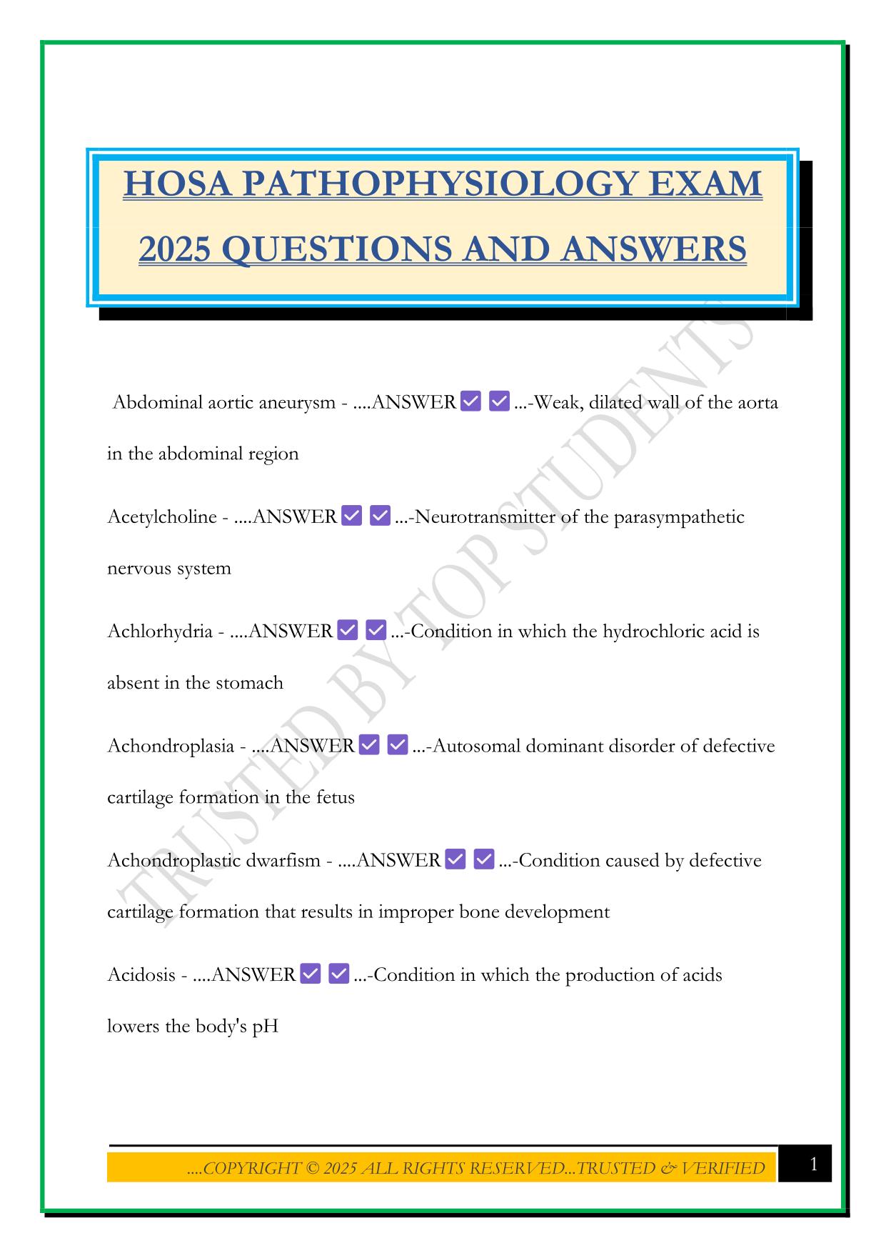 HOSA PATHOPHYSIOLOGY EXAM 2025 QUESTIONS AND ANSWERS