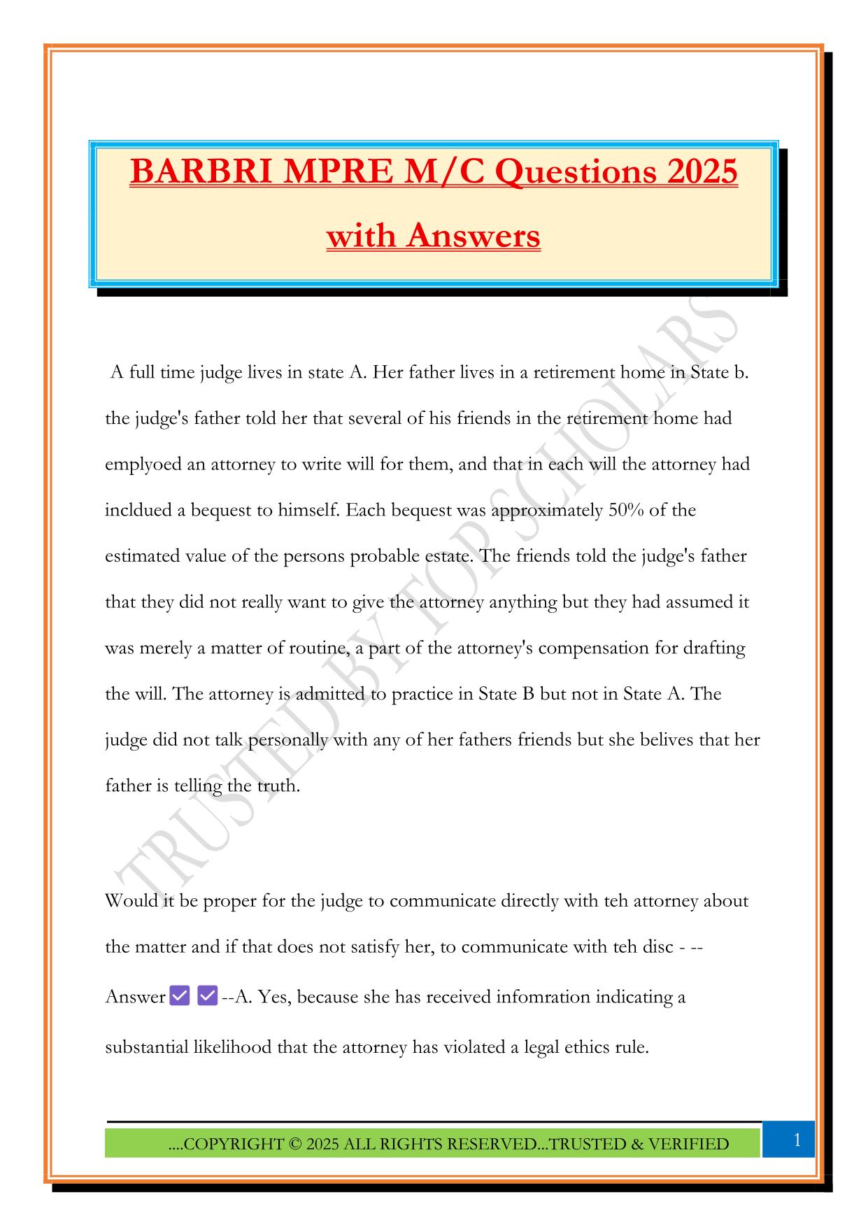 BARBRI MPRE M/C Questions 2025 with Answers