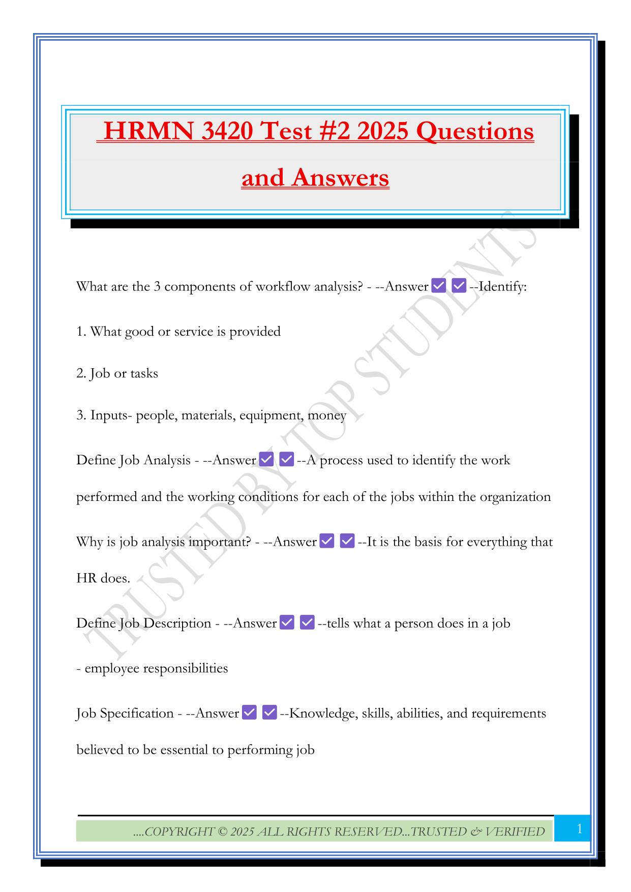 HRMN 3420 Test #2 2025 Questions and Answers