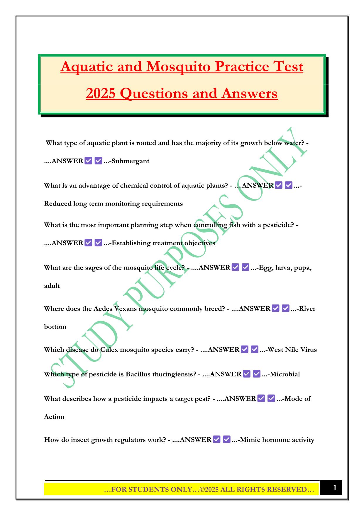 Aquatic and Mosquito Practice Test 2025 Questions and Answers