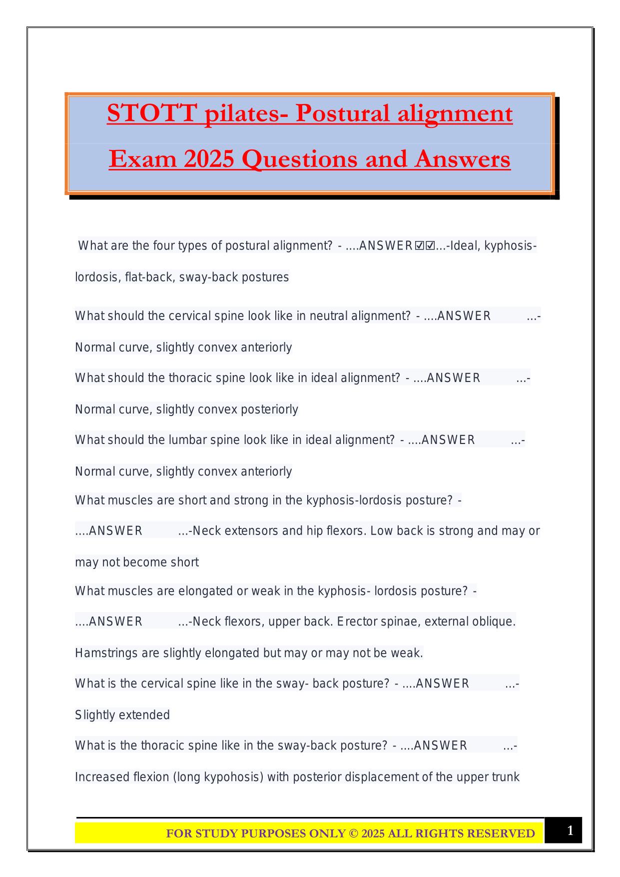 STOTT pilates- Postural alignment Exam 2025 Questions and Answers