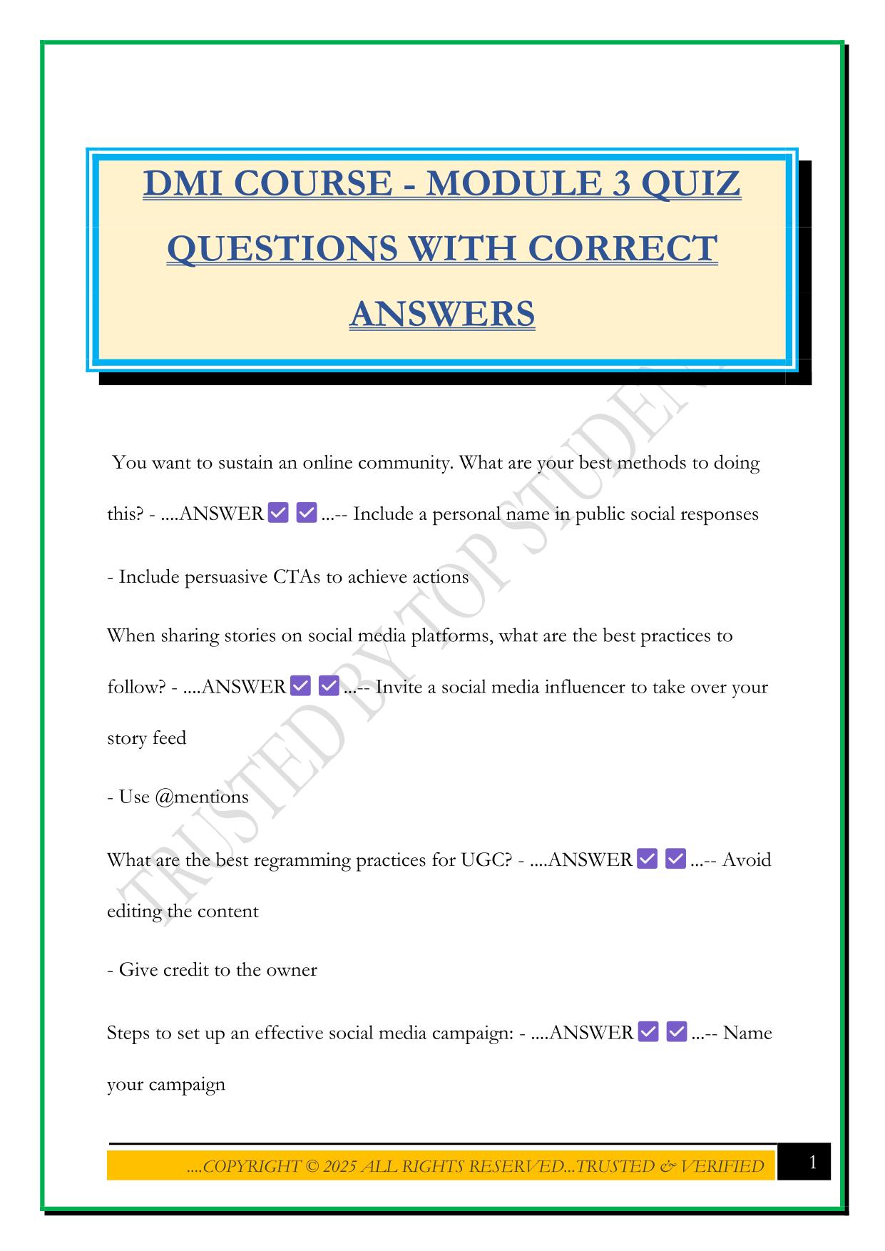 DMI COURSE - MODULE 3 QUIZ QUESTIONS WITH CORRECT ANSWERS