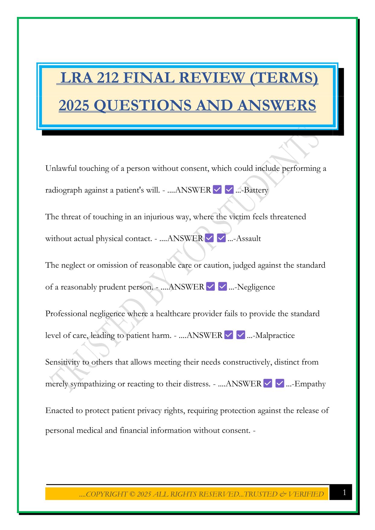LRA 212 FINAL REVIEW (TERMS) 2025 QUESTIONS AND ANSWERS