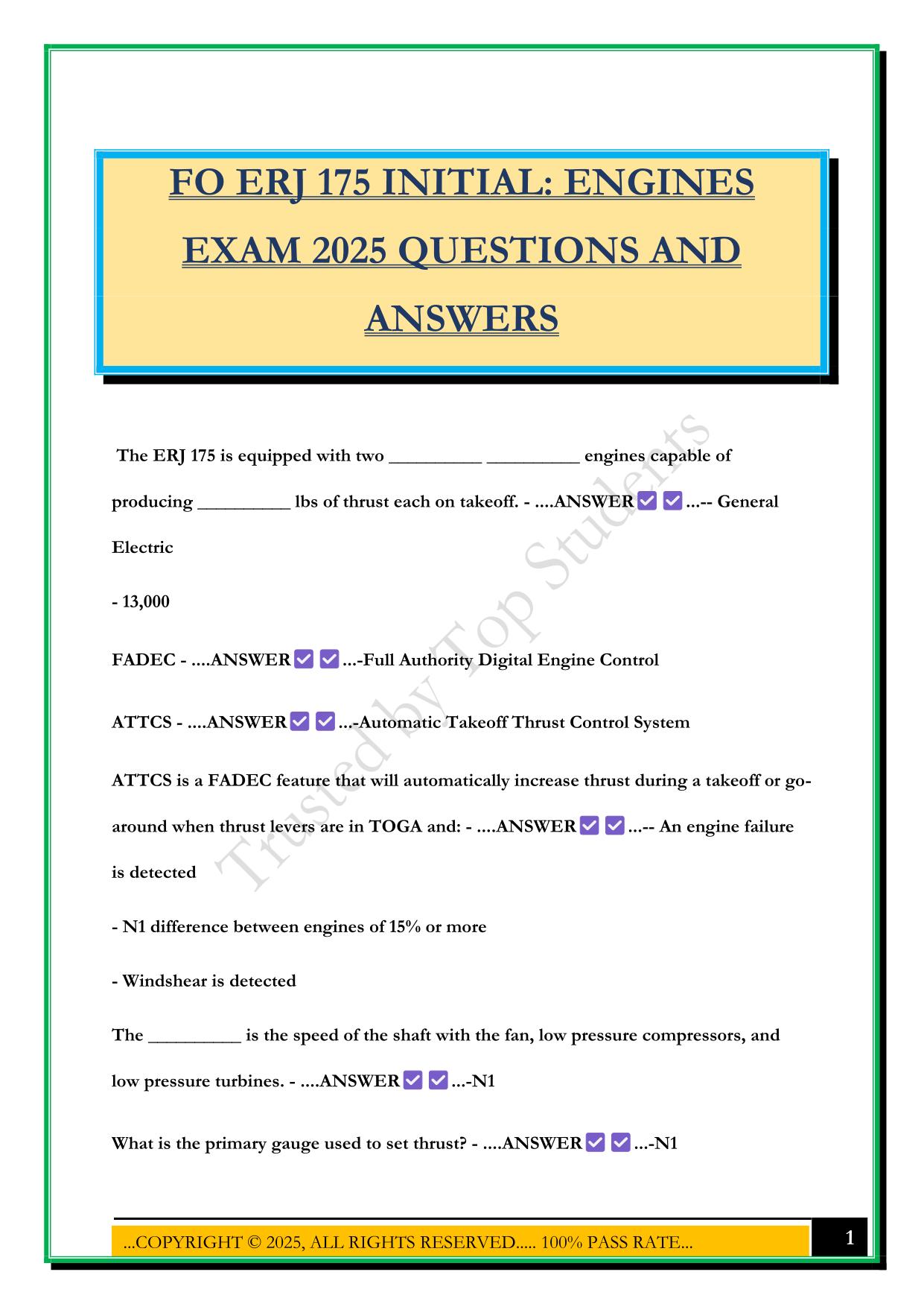 FO ERJ 175 INITIAL: ENGINES EXAM 2025 QUESTIONS AND ANSWERS