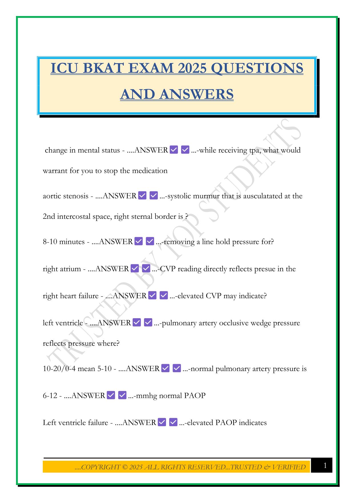 ICU BKAT EXAM 2025 QUESTIONS AND ANSWERS